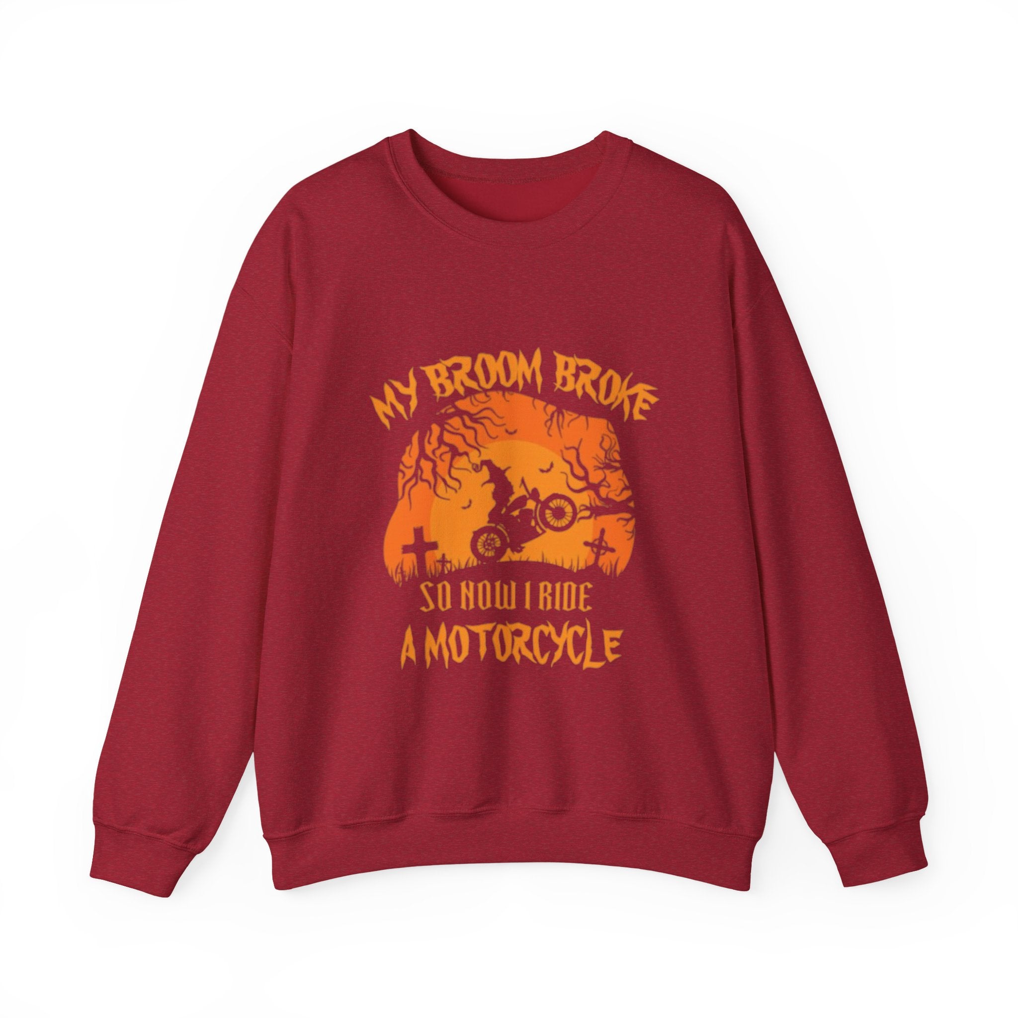 Halloween Motorcycle Sweatshirt - "My Broom Broke So Now I Ride a Motorcycle" Crewneck by Printify