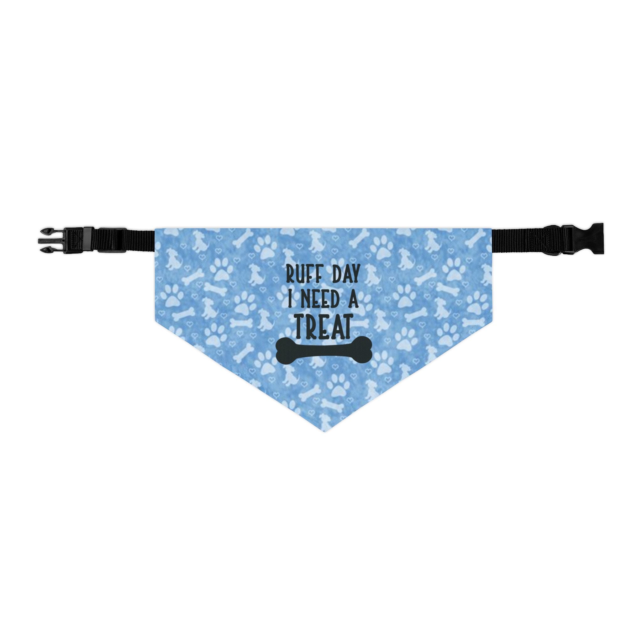 Dog Bandana Collar — "Ruff Day I Need a Treat" Blue Paw Print by Printify