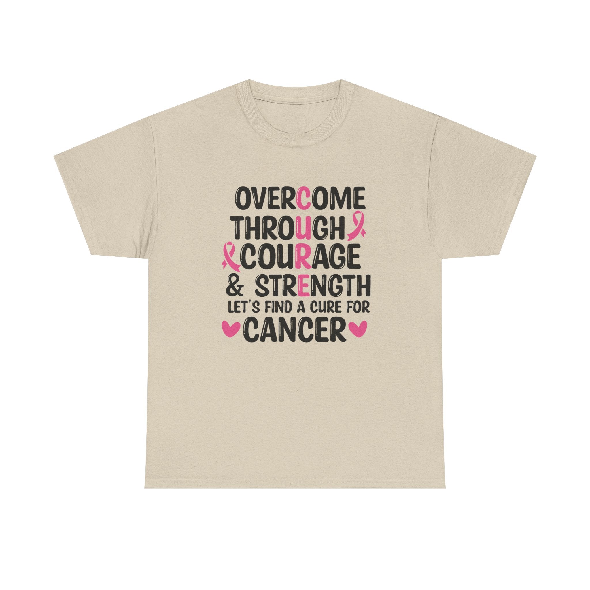 Breast Cancer Awareness Tee — "Overcome Through Courage & Strength" Motivational Shirt by Printify