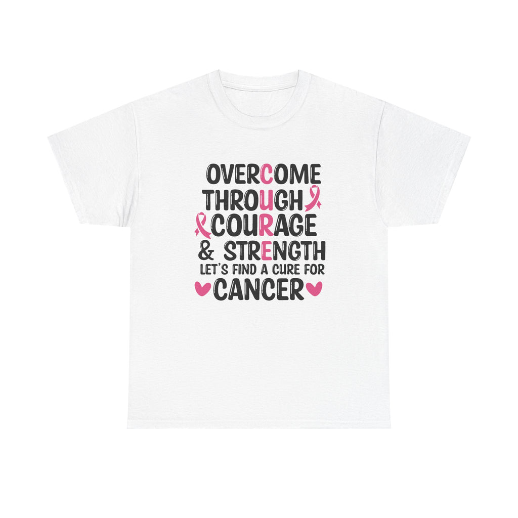 Breast Cancer Awareness Tee — "Overcome Through Courage & Strength" Motivational Shirt by Printify