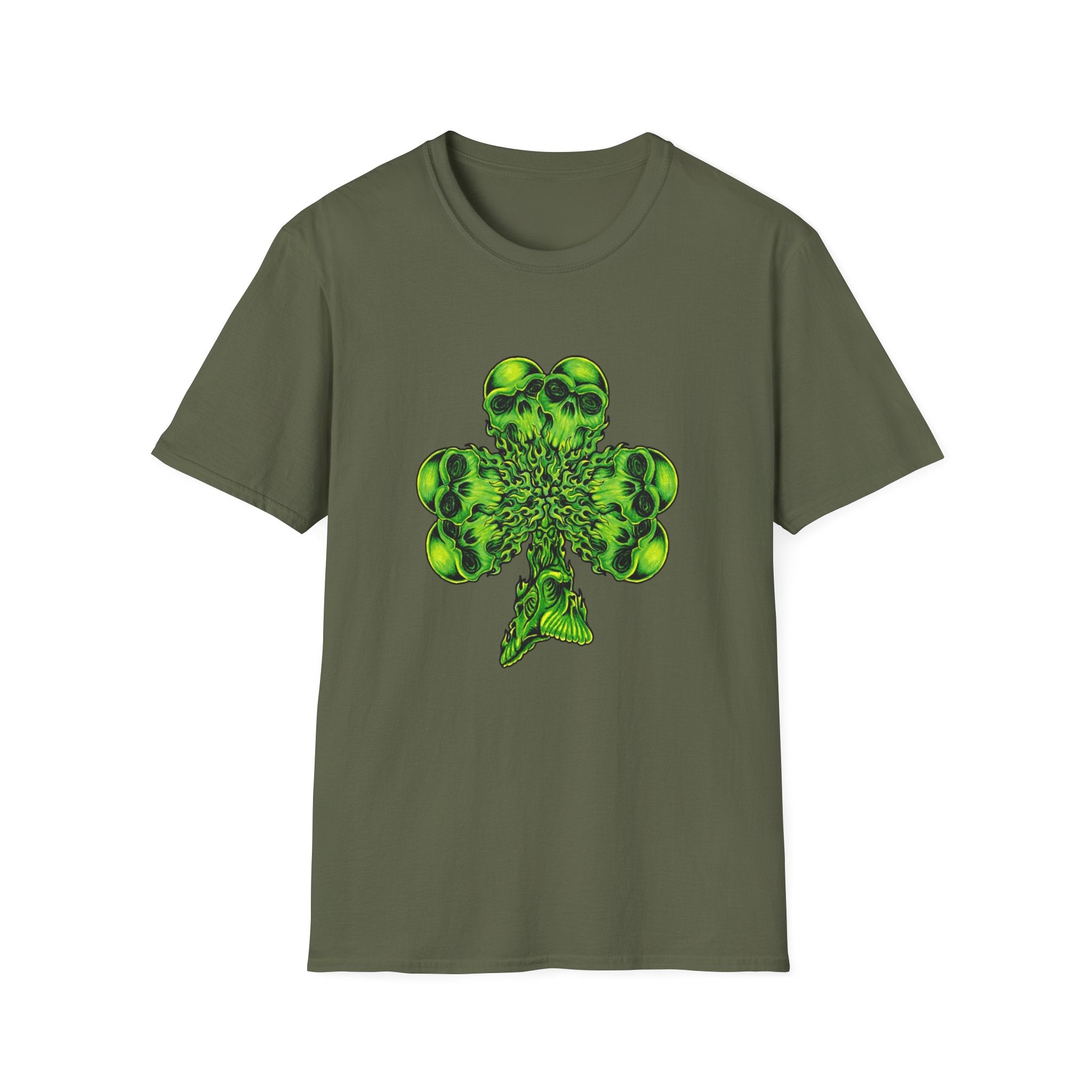 Skull Clover T-Shirt — Neon Green St. Patrick’s Day Graphic Tee by Printify