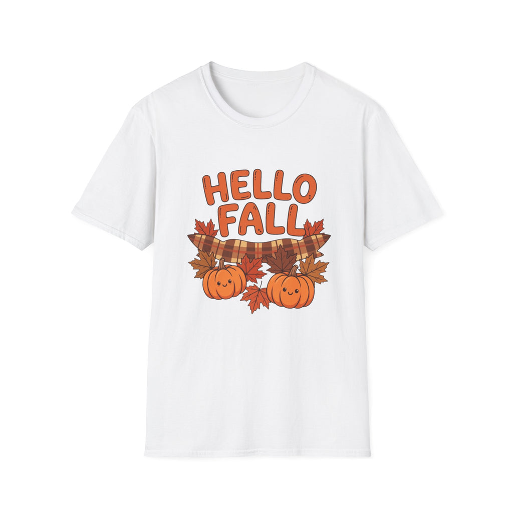 Hello Fall T-Shirt — Cute Pumpkin & Plaid Leaves Autumn Tee by Printify