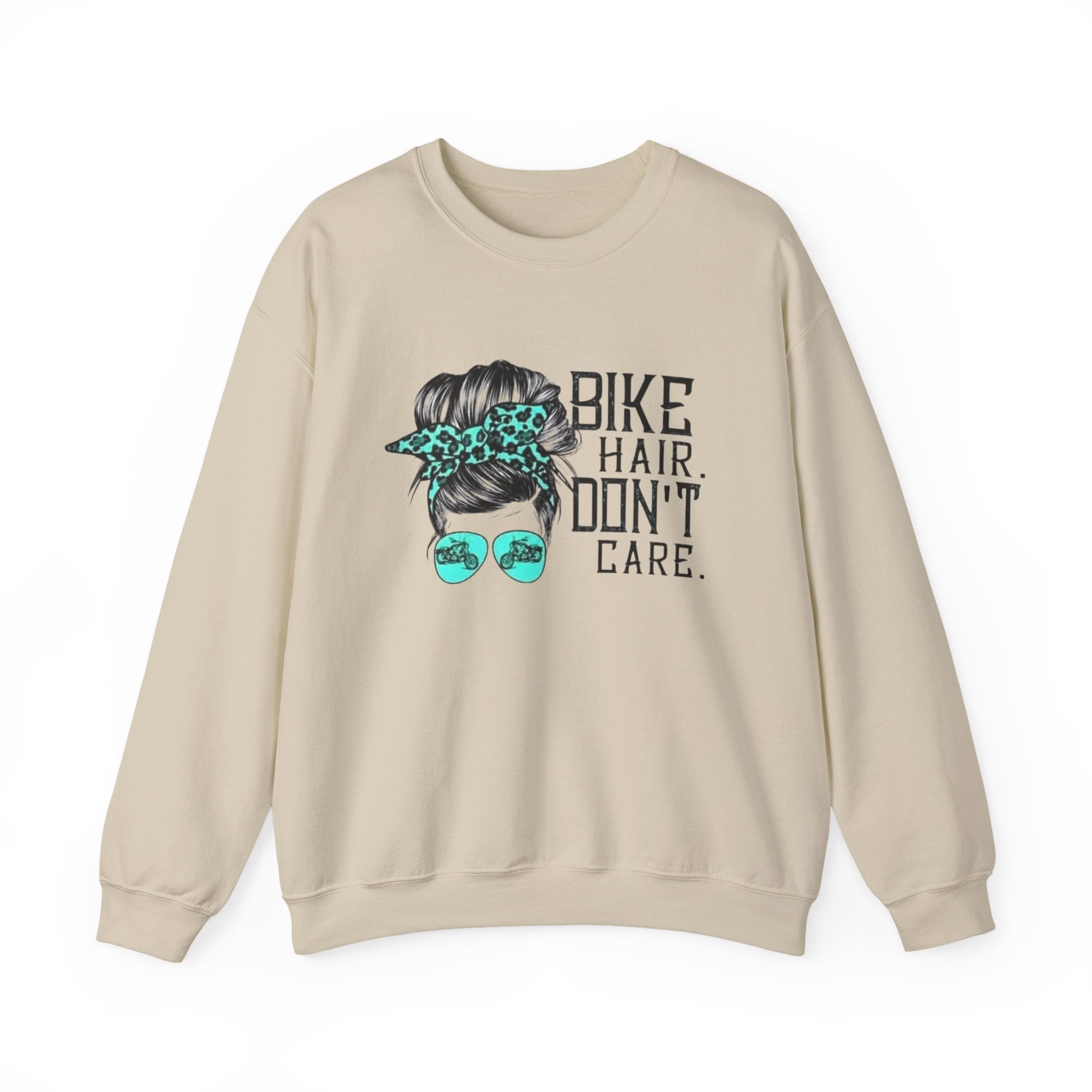 Sweatshirt — "Bike Hair Don’t Care" Graphic Crewneck by Printify
