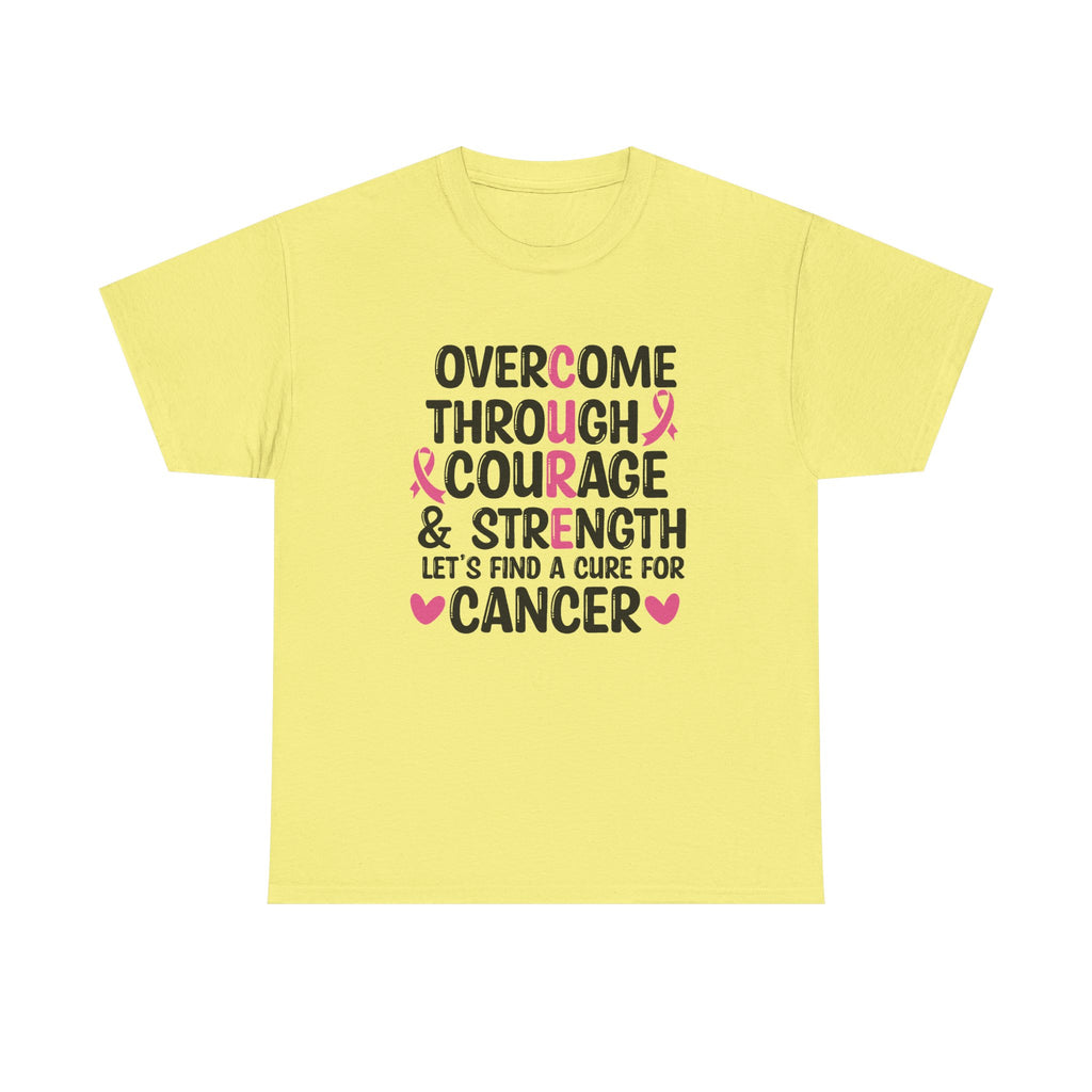 Breast Cancer Awareness Tee — "Overcome Through Courage & Strength" Motivational Shirt by Printify