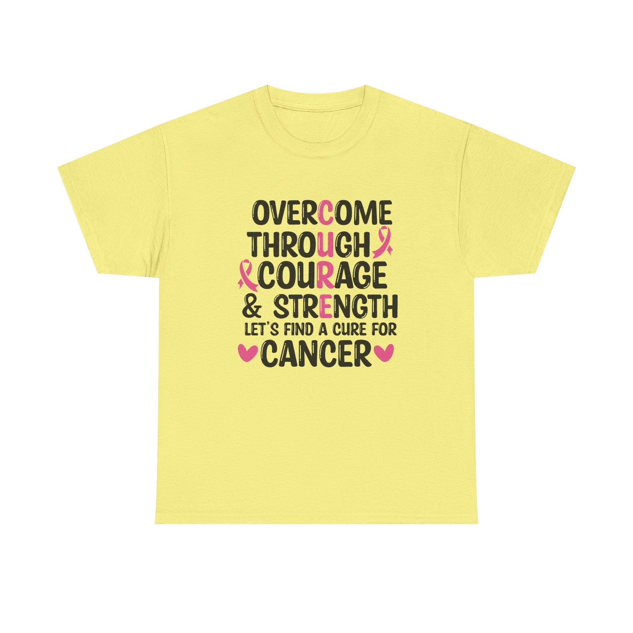 Breast Cancer Awareness Tee — "Overcome Through Courage & Strength" Motivational Shirt by Printify
