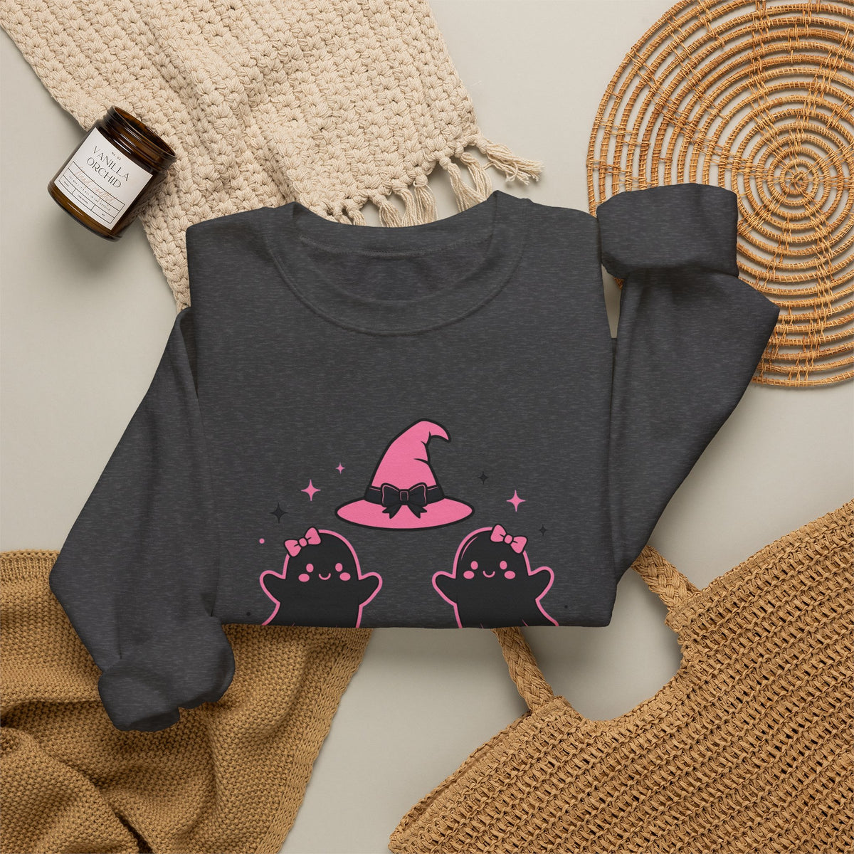Witchy Mama Sweatshirt — Cute Pink Halloween Witch & Pumpkins Crewneck by Printify