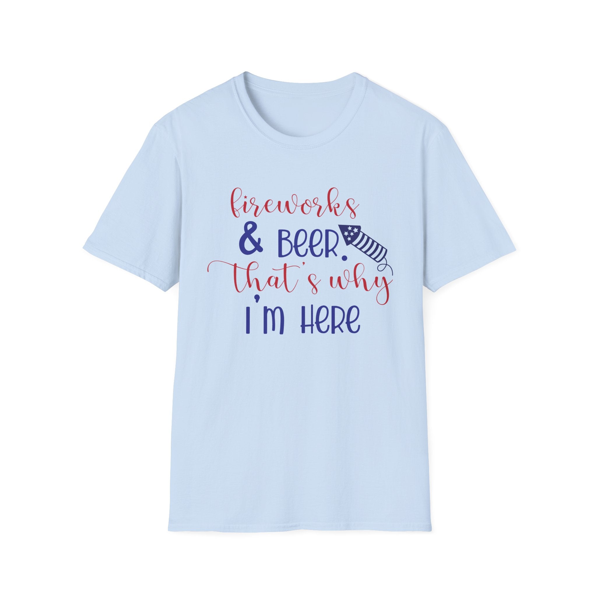 Fireworks & Beer Unisex Softstyle T-Shirt, 4th of July Shirt, Summer BBQ Tee, Celebration Outfit, Casual Party Wear by Printify