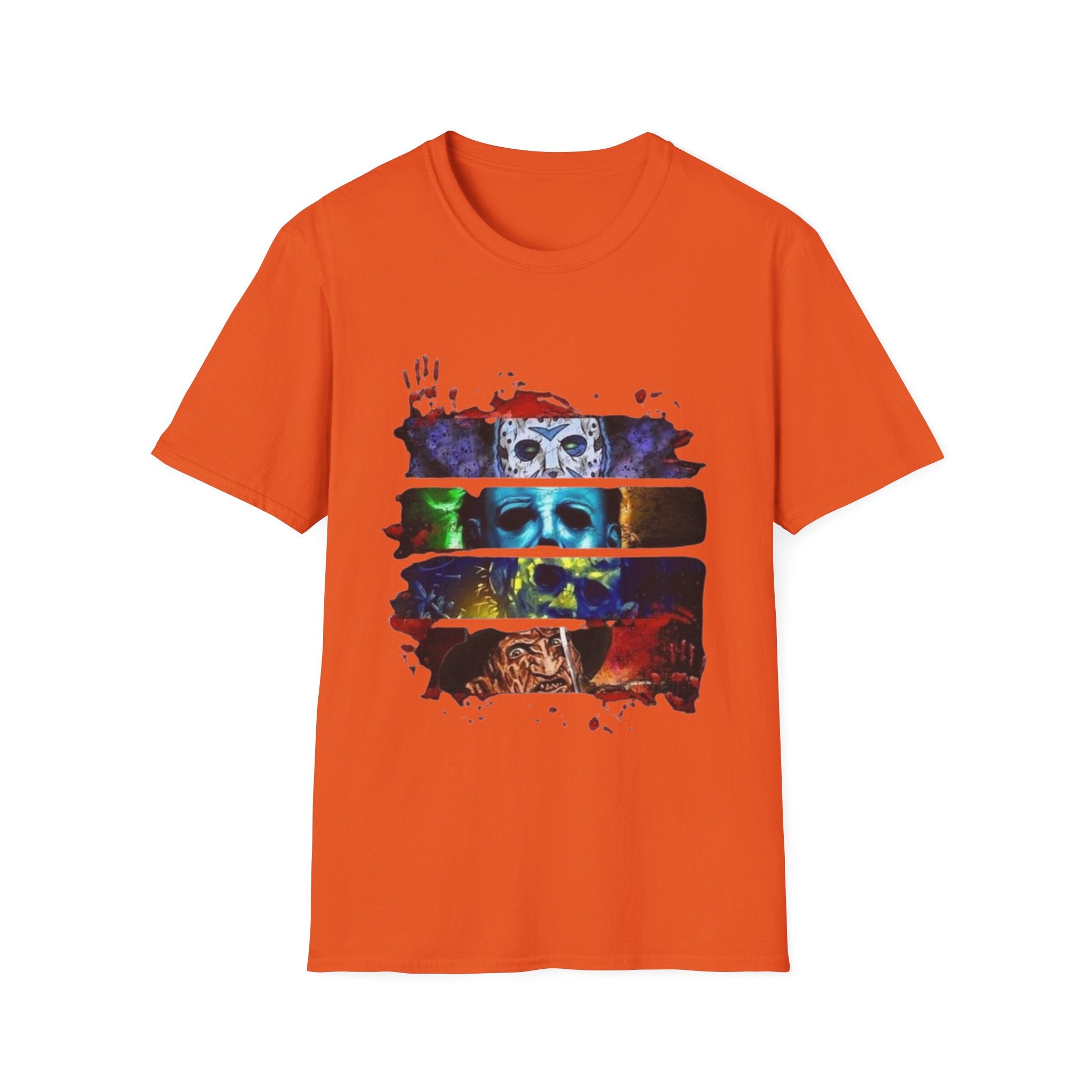 Horror Mask Split-Panel T-Shirt — Retro Slasher Movie Graphic Tee by Printify
