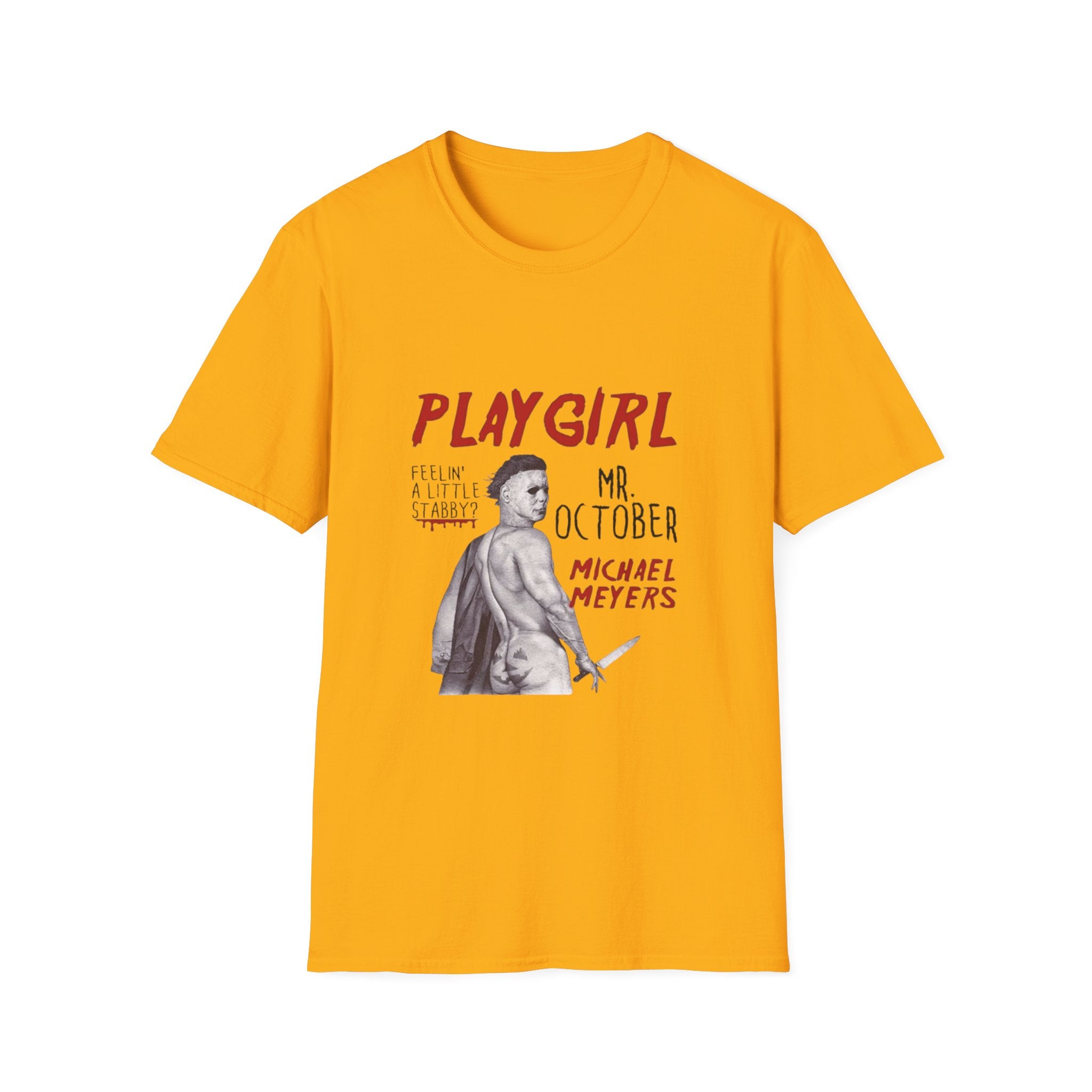 Playgirl Michael Myers T‑Shirt — 'Playgirl' Horror Movie Tee (Mr. October / Feelin' A Little Stabby?) by Printify