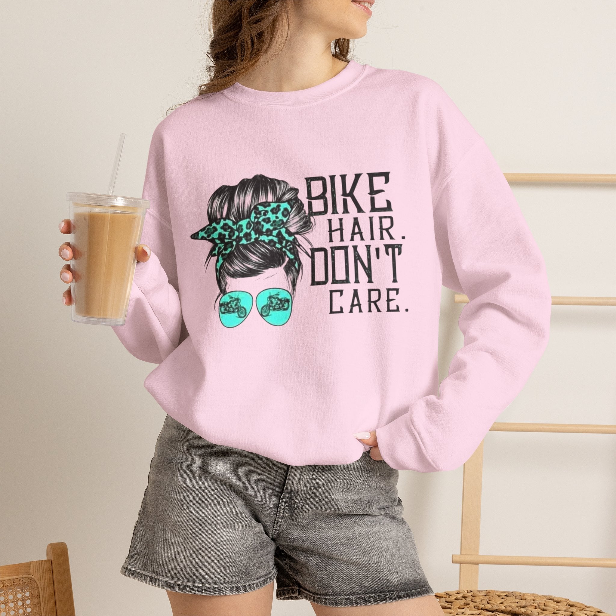 Sweatshirt — "Bike Hair Don’t Care" Graphic Crewneck by Printify