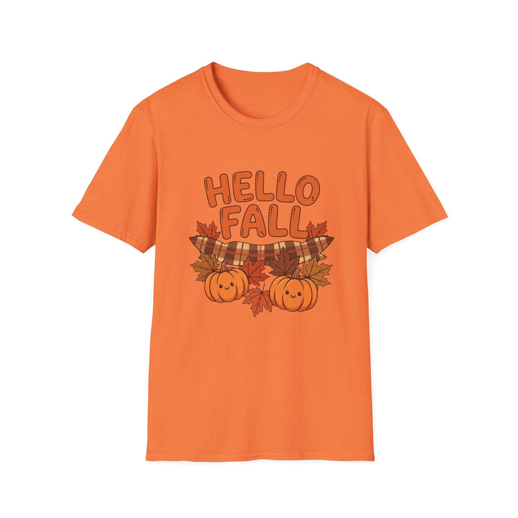 Hello Fall T-Shirt — Cute Pumpkin & Plaid Leaves Autumn Tee by Printify