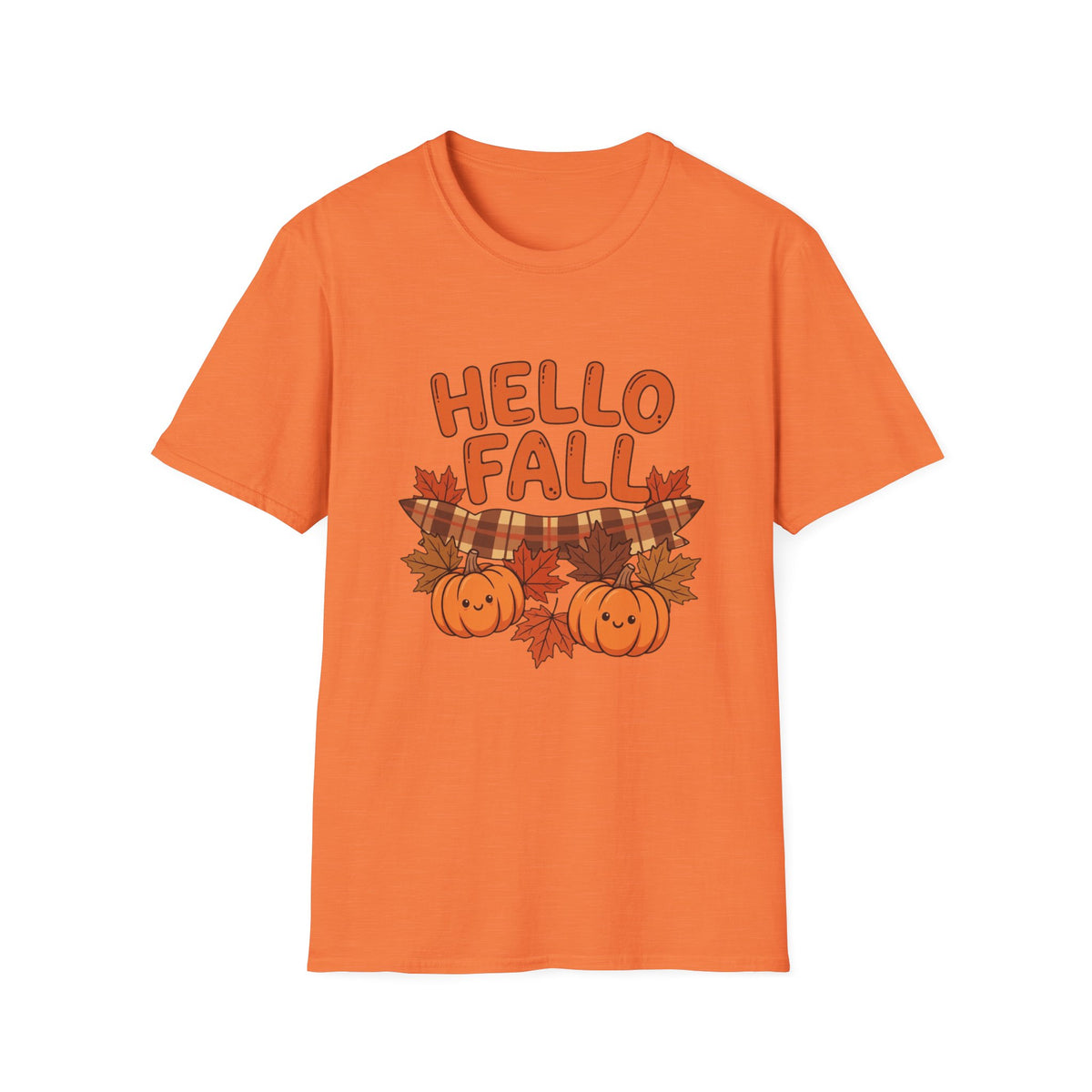 Hello Fall T-Shirt — Cute Pumpkin & Plaid Leaves Autumn Tee by Printify