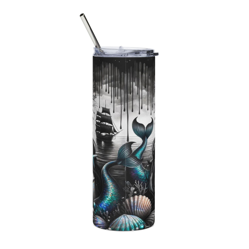 20oz Stainless Steel Tumbler — Gothic Mermaid Skull Art, Teal & Silver Stainless Travel Cup by Printify
