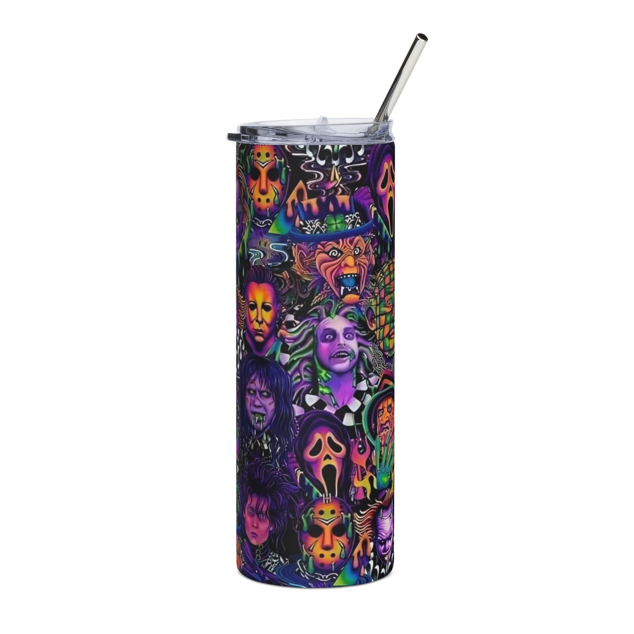 Horror Icons 20oz Stainless Steel Tumbler — Neon Cult Classic Faces Travel Cup by Printify