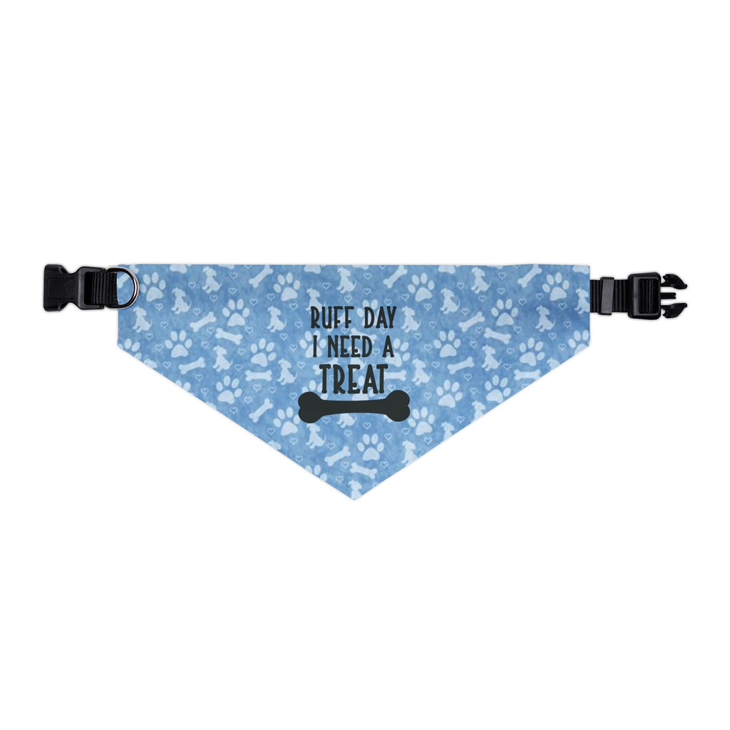 Dog Bandana Collar — "Ruff Day I Need a Treat" Blue Paw Print by Printify