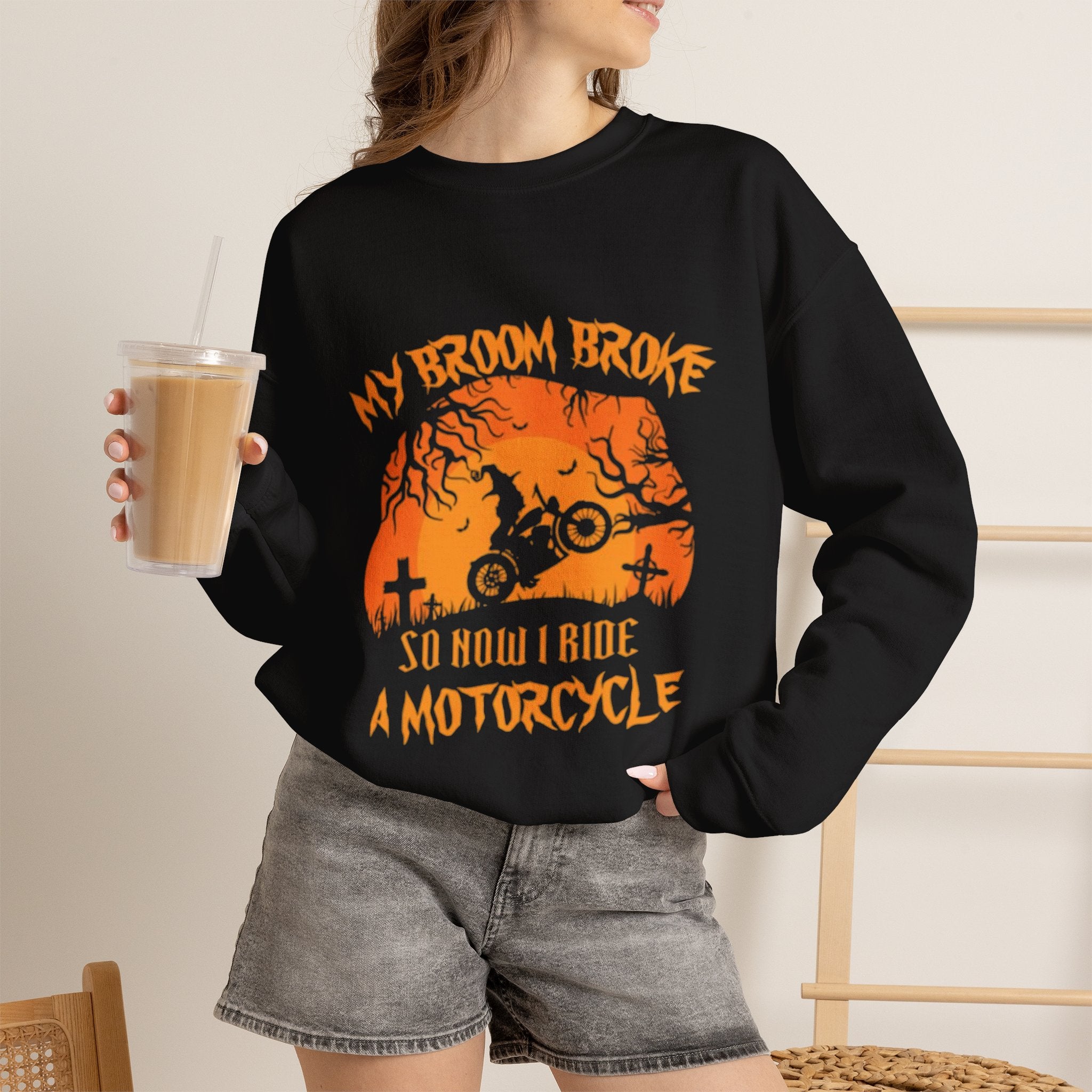 Halloween Motorcycle Sweatshirt - "My Broom Broke So Now I Ride a Motorcycle" Crewneck by Printify