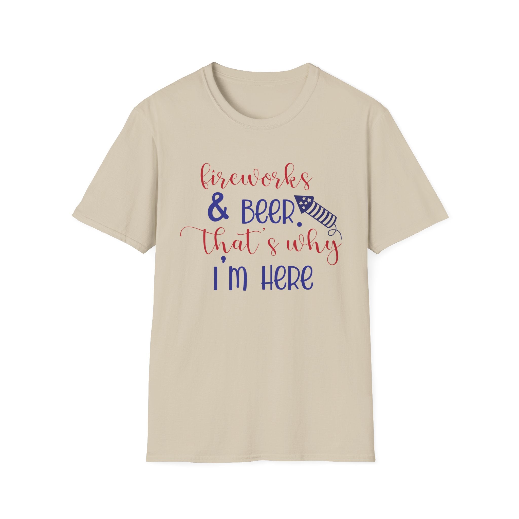 Fireworks & Beer Unisex Softstyle T-Shirt, 4th of July Shirt, Summer BBQ Tee, Celebration Outfit, Casual Party Wear by Printify