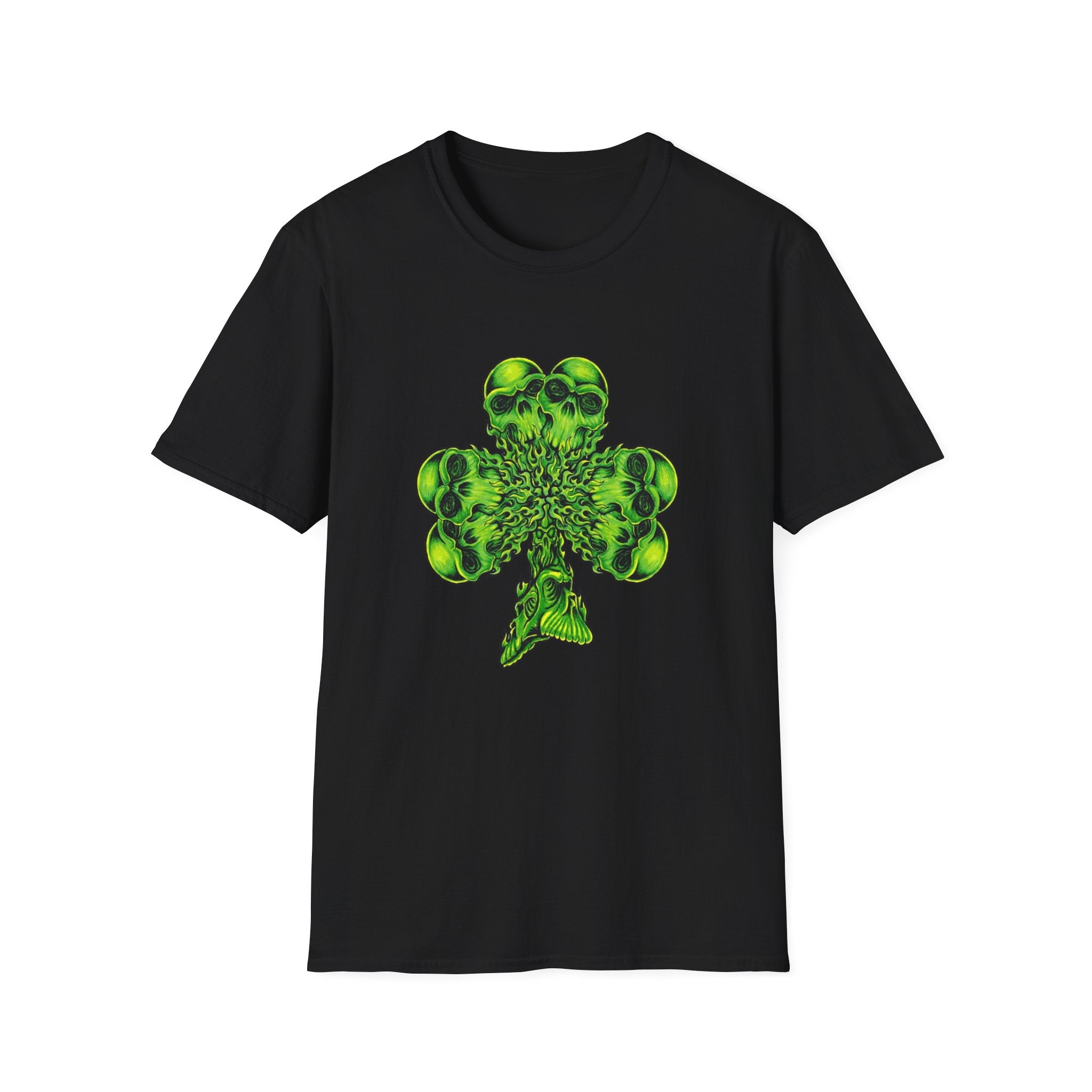 Skull Clover T-Shirt — Neon Green St. Patrick’s Day Graphic Tee by Printify