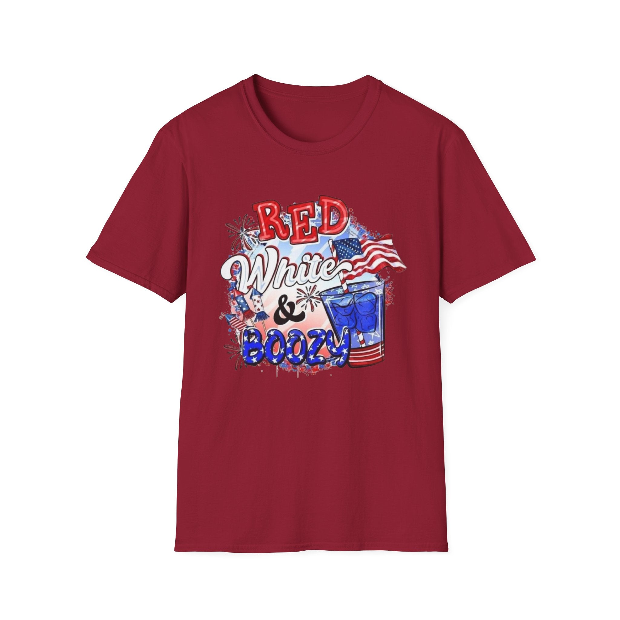Red, White & Boozy Unisex Softstyle T-Shirt | Patriotic Tee, Independence Day Shirt, Summer Party Wear, BBQ Outfit, Casual Gift by Printify