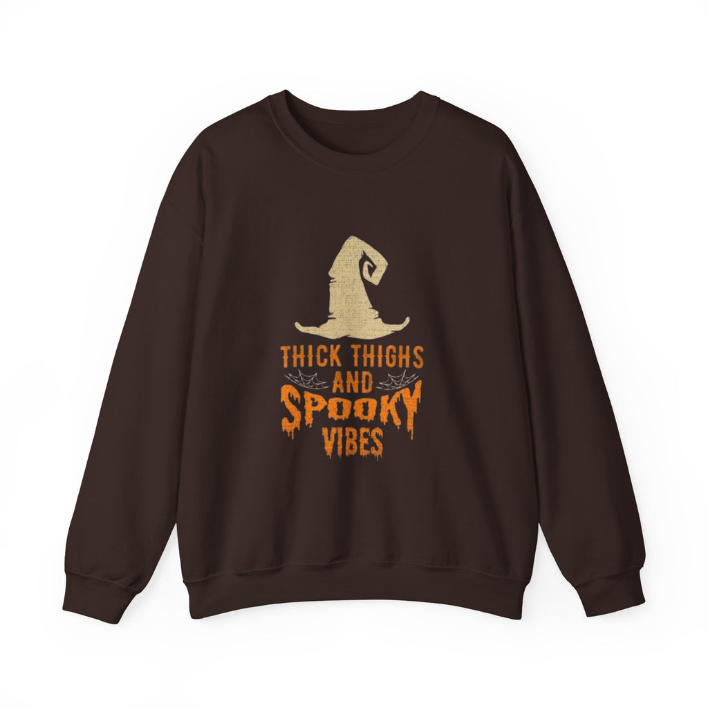 Spooky Vibes Sweatshirt — "Thick Thighs and Spooky Vibes" Halloween Crewneck by Printify