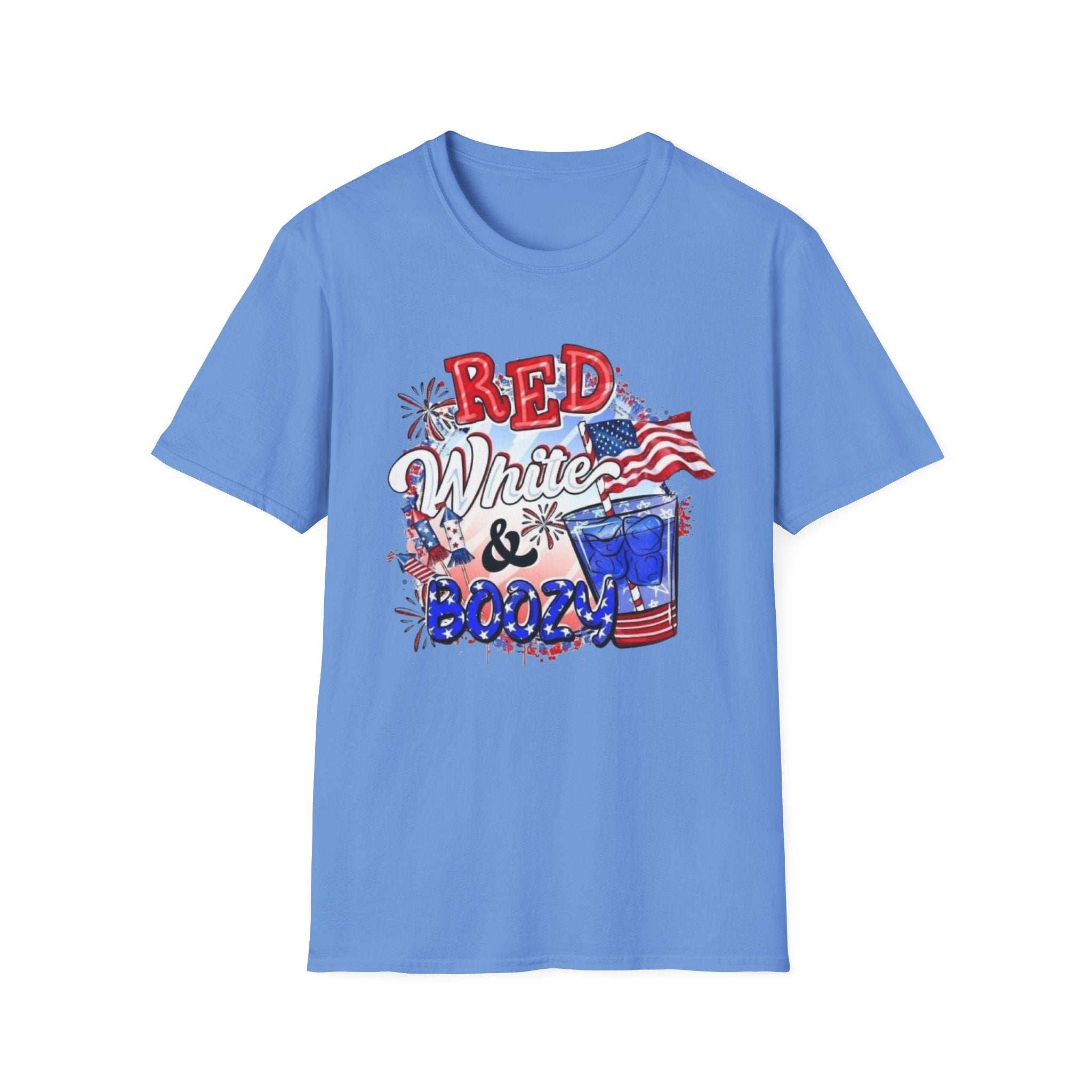 Red, White & Boozy Unisex Softstyle T-Shirt | Patriotic Tee, Independence Day Shirt, Summer Party Wear, BBQ Outfit, Casual Gift by Printify