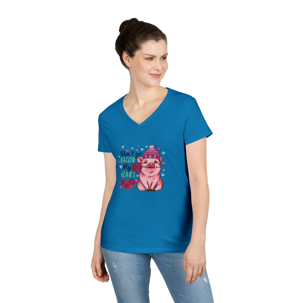 Valentine's Ladies V-Neck T-Shirt, Bacon Heart Shirt, Love Graphic Tee, Valentine's Day Gift, Funny Food Lover Top by Printify