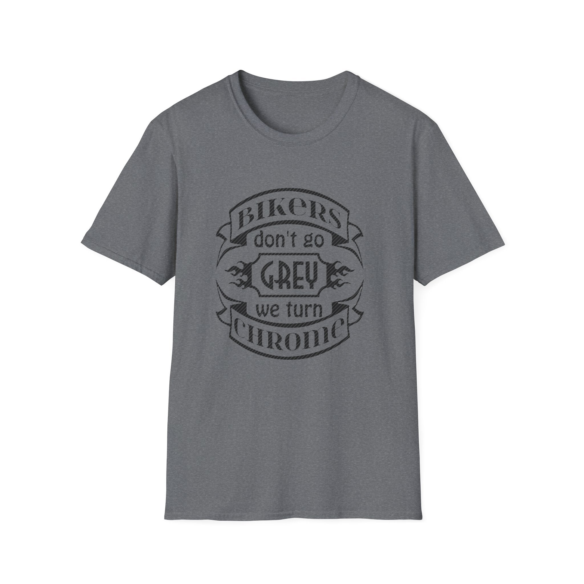 Biker T-Shirt — "Bikers Don't Go Grey, We Turn Chrome" Vintage Motorcycle Tee by Printify