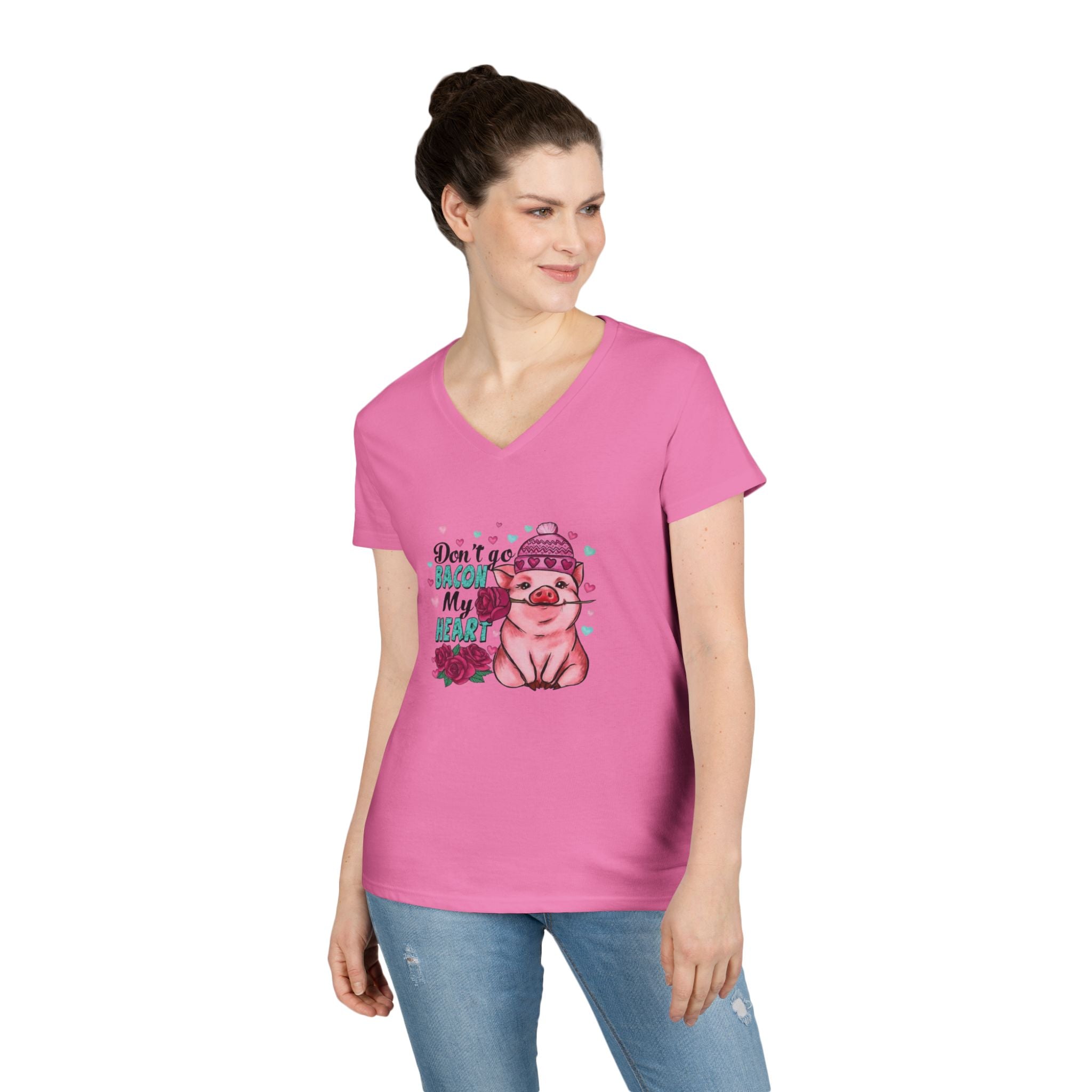 Valentine's Ladies V-Neck T-Shirt, Bacon Heart Shirt, Love Graphic Tee, Valentine's Day Gift, Funny Food Lover Top by Printify