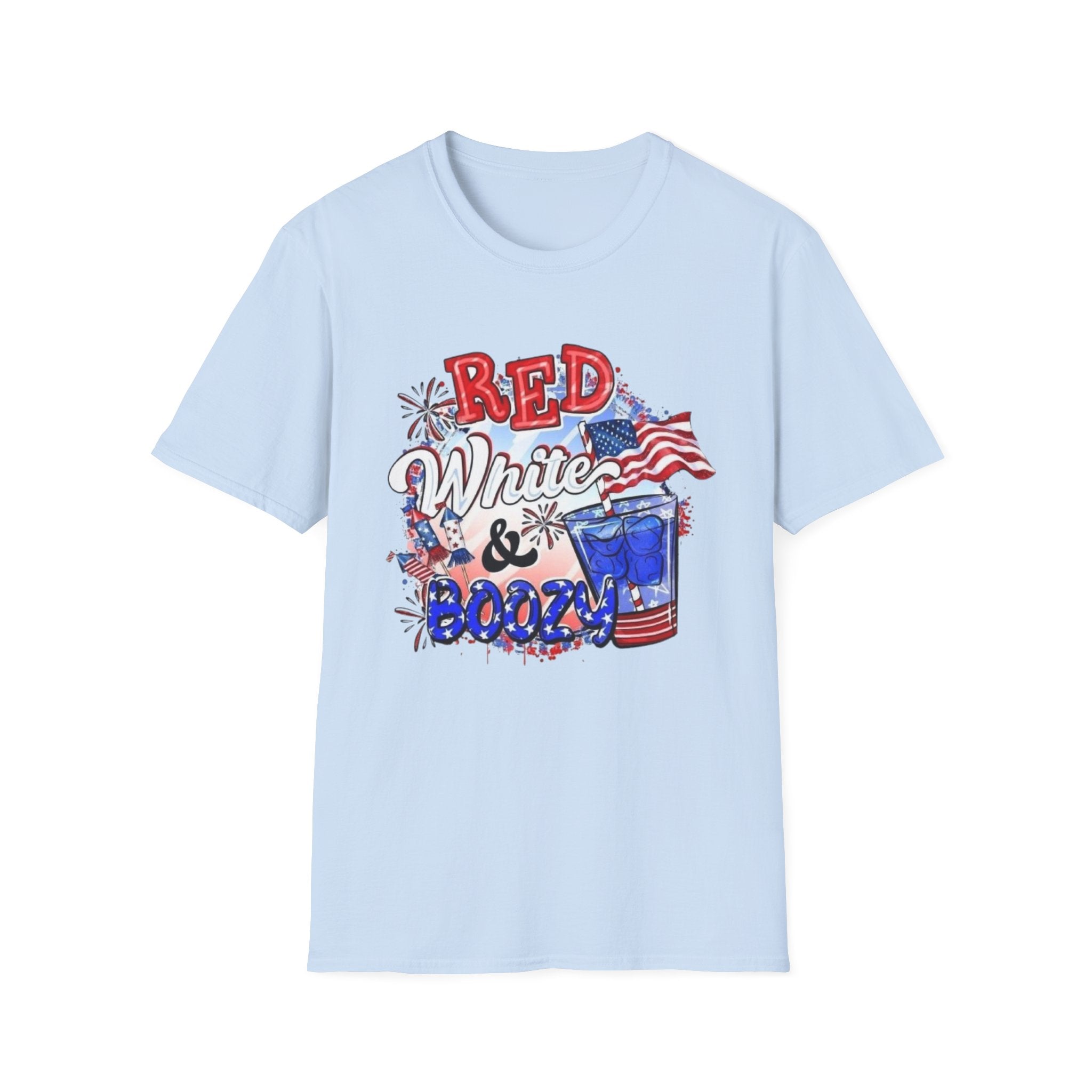 Red, White & Boozy Unisex Softstyle T-Shirt | Patriotic Tee, Independence Day Shirt, Summer Party Wear, BBQ Outfit, Casual Gift by Printify
