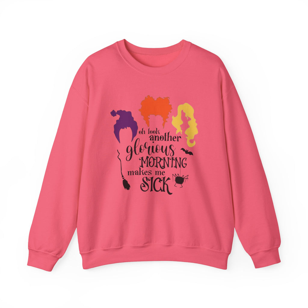 Crewneck Sweatshirt — “Another Glorious Morning Makes Me Sick” Hocus Pocus Witch Silhouette Pullover by Printify