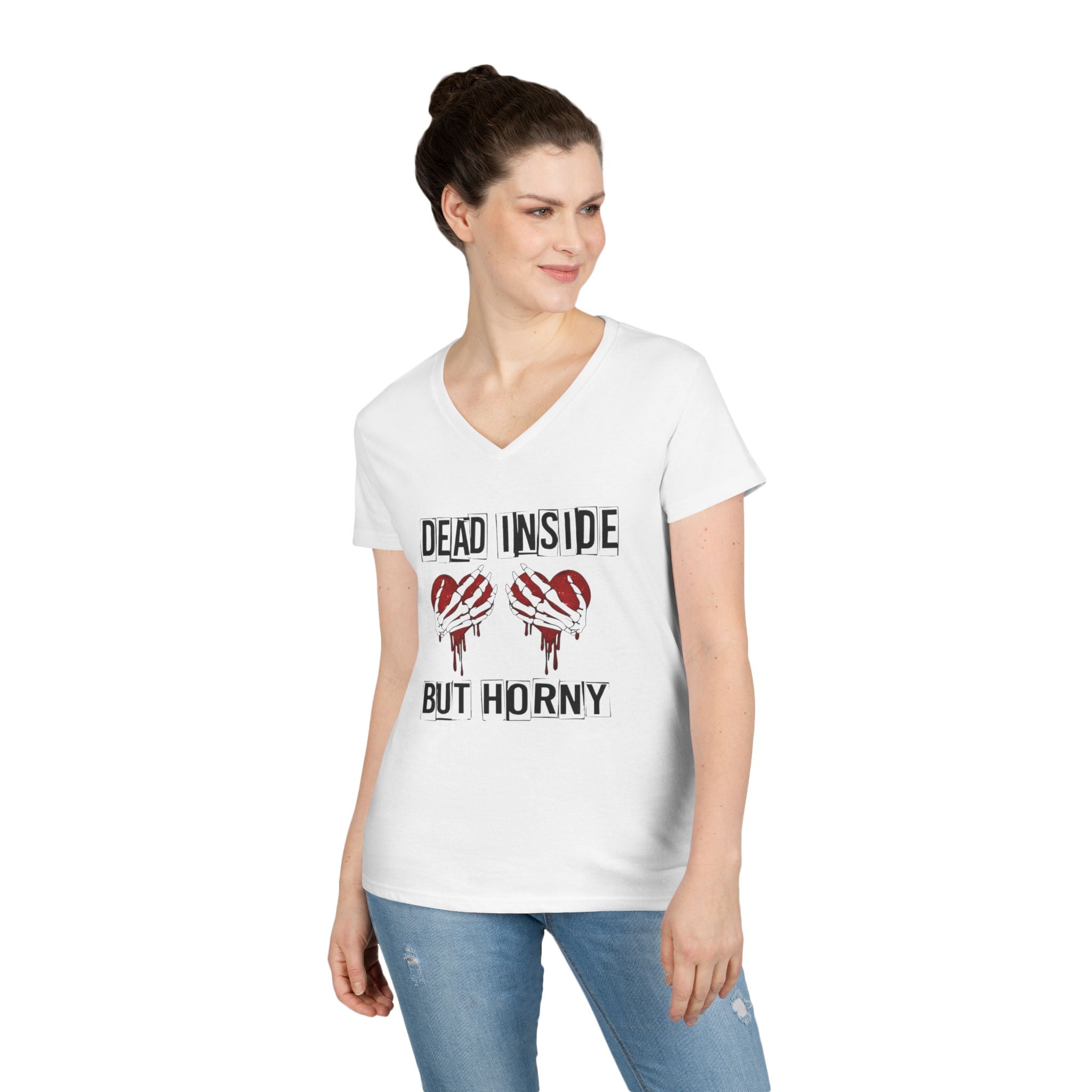 Dead Inside But Romantic — Funny Valentine's Day V-Neck T-Shirt by Printify