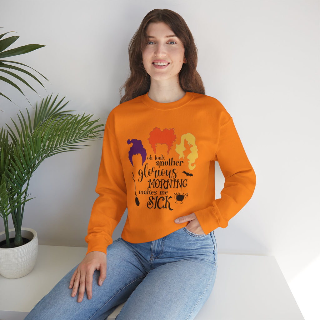 Crewneck Sweatshirt — “Another Glorious Morning Makes Me Sick” Hocus Pocus Witch Silhouette Pullover by Printify