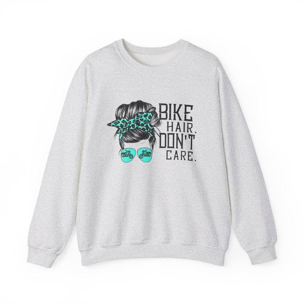 Sweatshirt — "Bike Hair Don’t Care" Graphic Crewneck by Printify