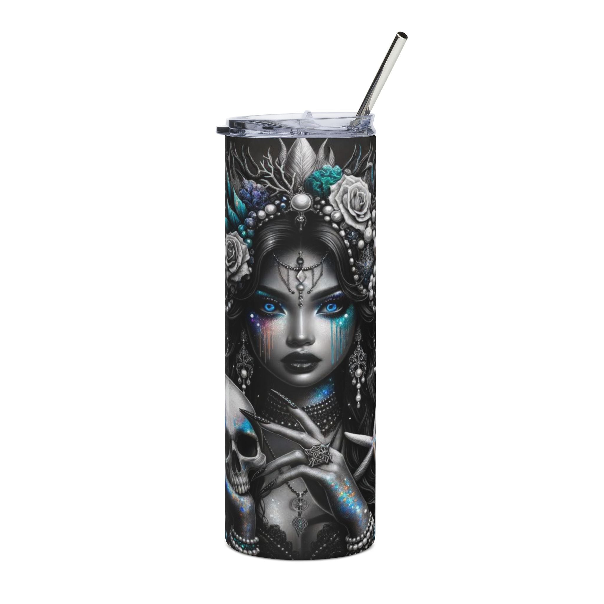 20oz Stainless Steel Tumbler — Gothic Mermaid Skull Art, Teal & Silver Stainless Travel Cup by Printify