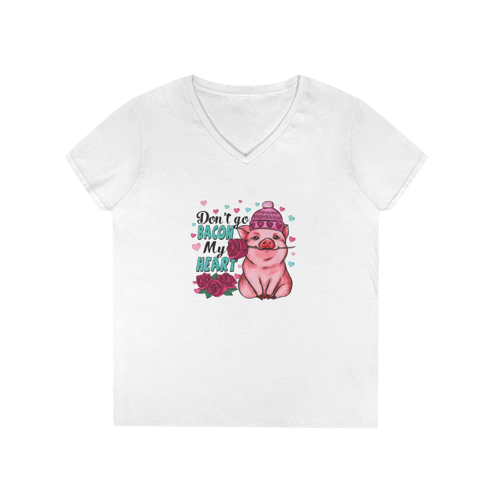 Valentine's Ladies V-Neck T-Shirt, Bacon Heart Shirt, Love Graphic Tee, Valentine's Day Gift, Funny Food Lover Top by Printify