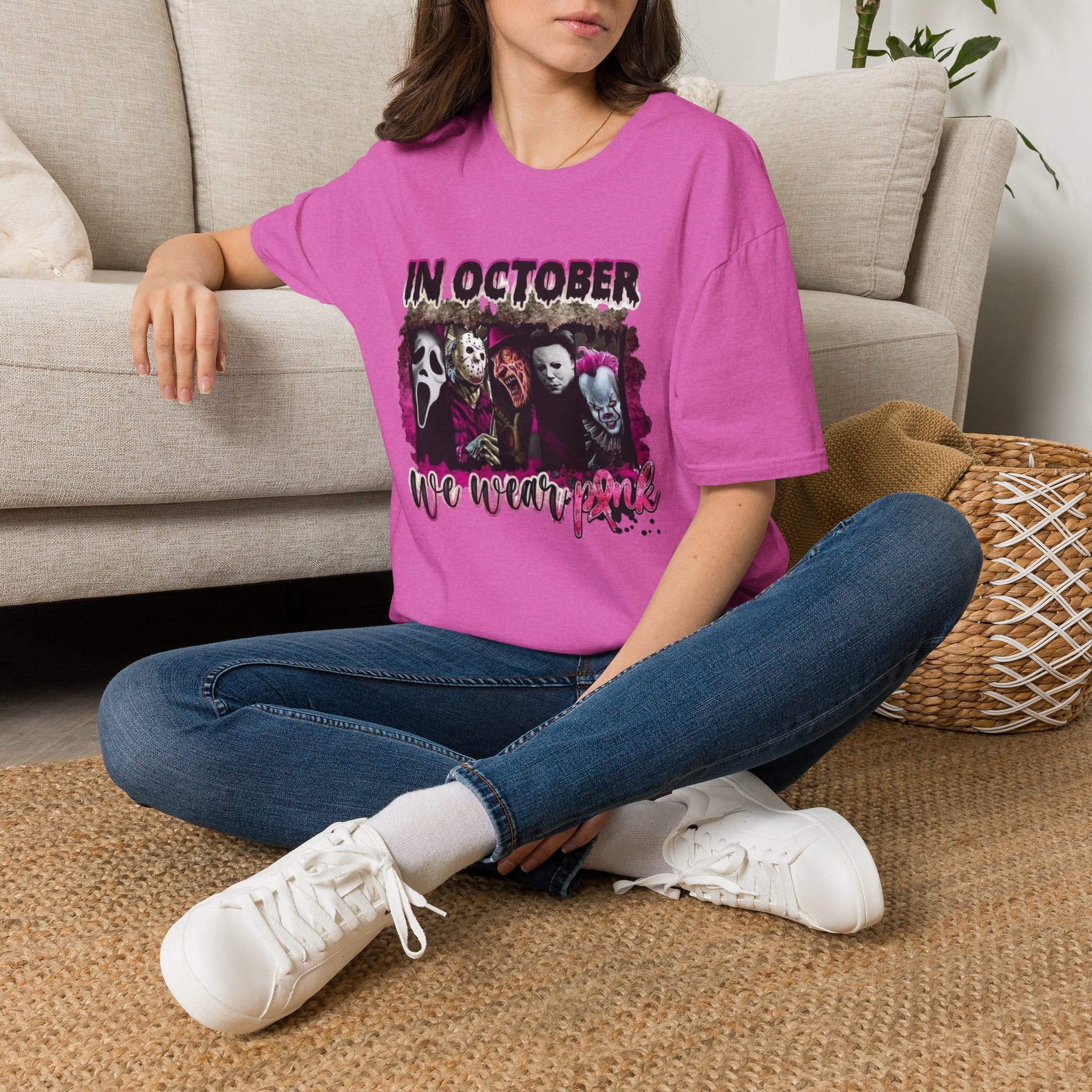 Horror Icons "In October We Wear Pink" T-Shirt by Printify