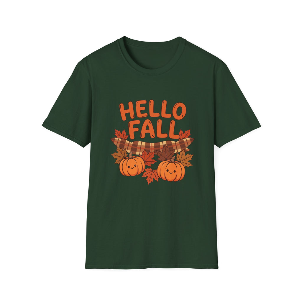 Hello Fall T-Shirt — Cute Pumpkin & Plaid Leaves Autumn Tee by Printify