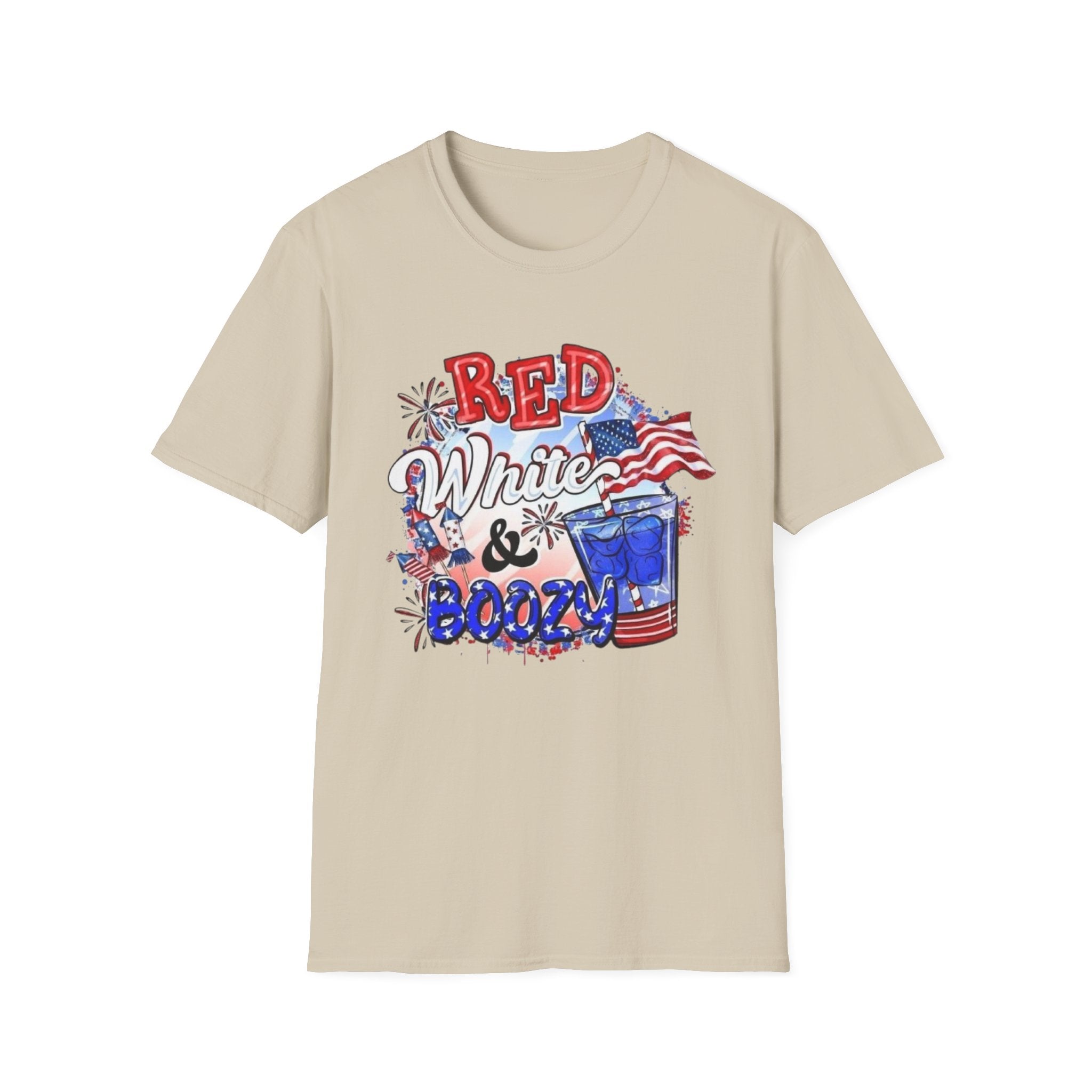 Red, White & Boozy Unisex Softstyle T-Shirt | Patriotic Tee, Independence Day Shirt, Summer Party Wear, BBQ Outfit, Casual Gift by Printify