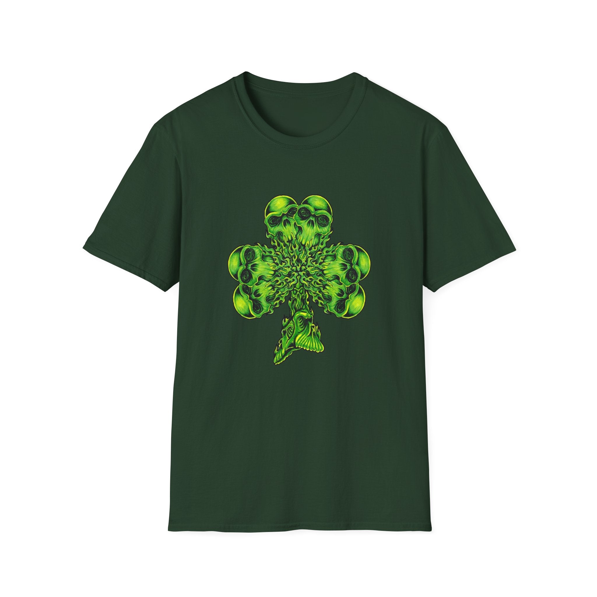 Skull Clover T-Shirt — Neon Green St. Patrick’s Day Graphic Tee by Printify