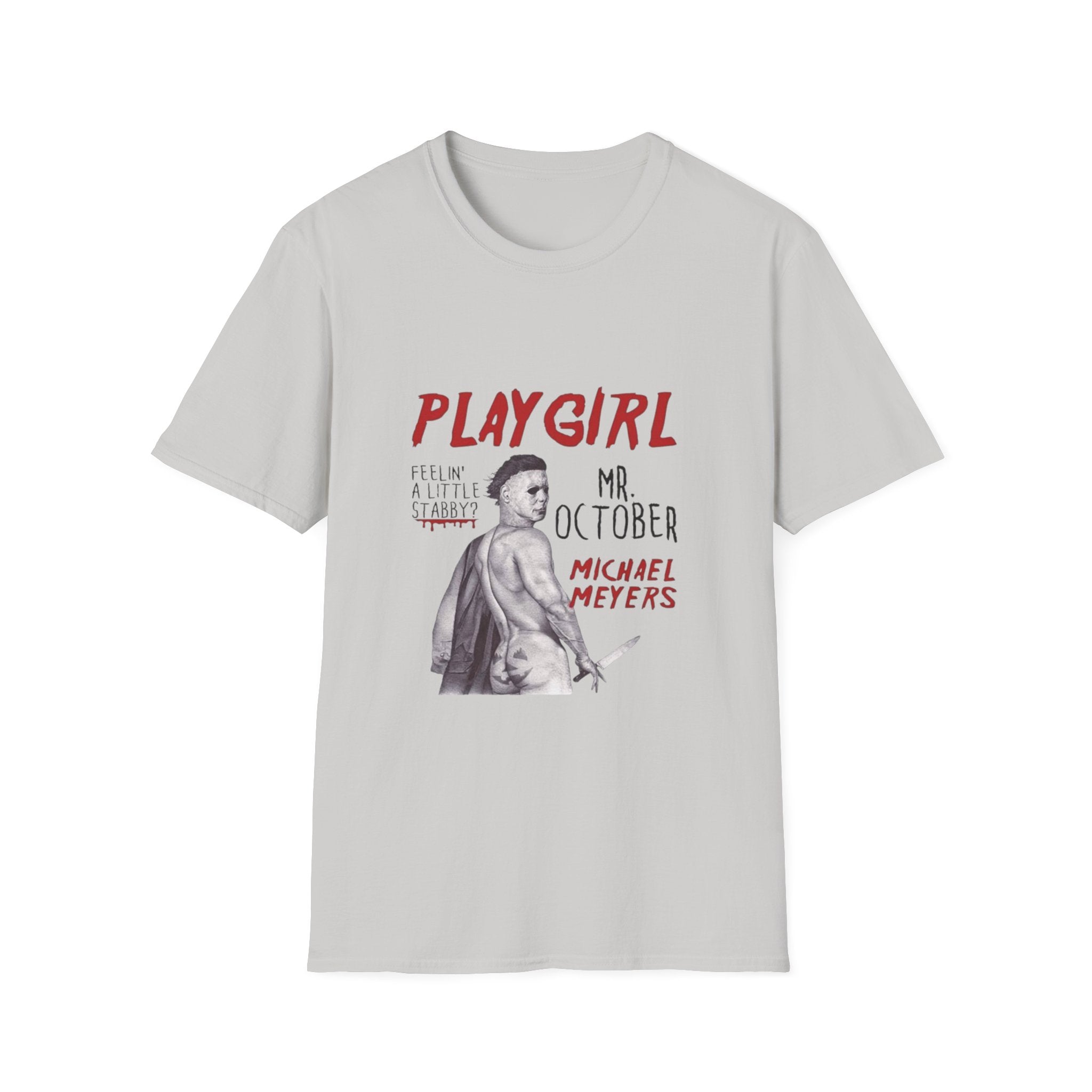Playgirl Michael Myers T‑Shirt — 'Playgirl' Horror Movie Tee (Mr. October / Feelin' A Little Stabby?) by Printify