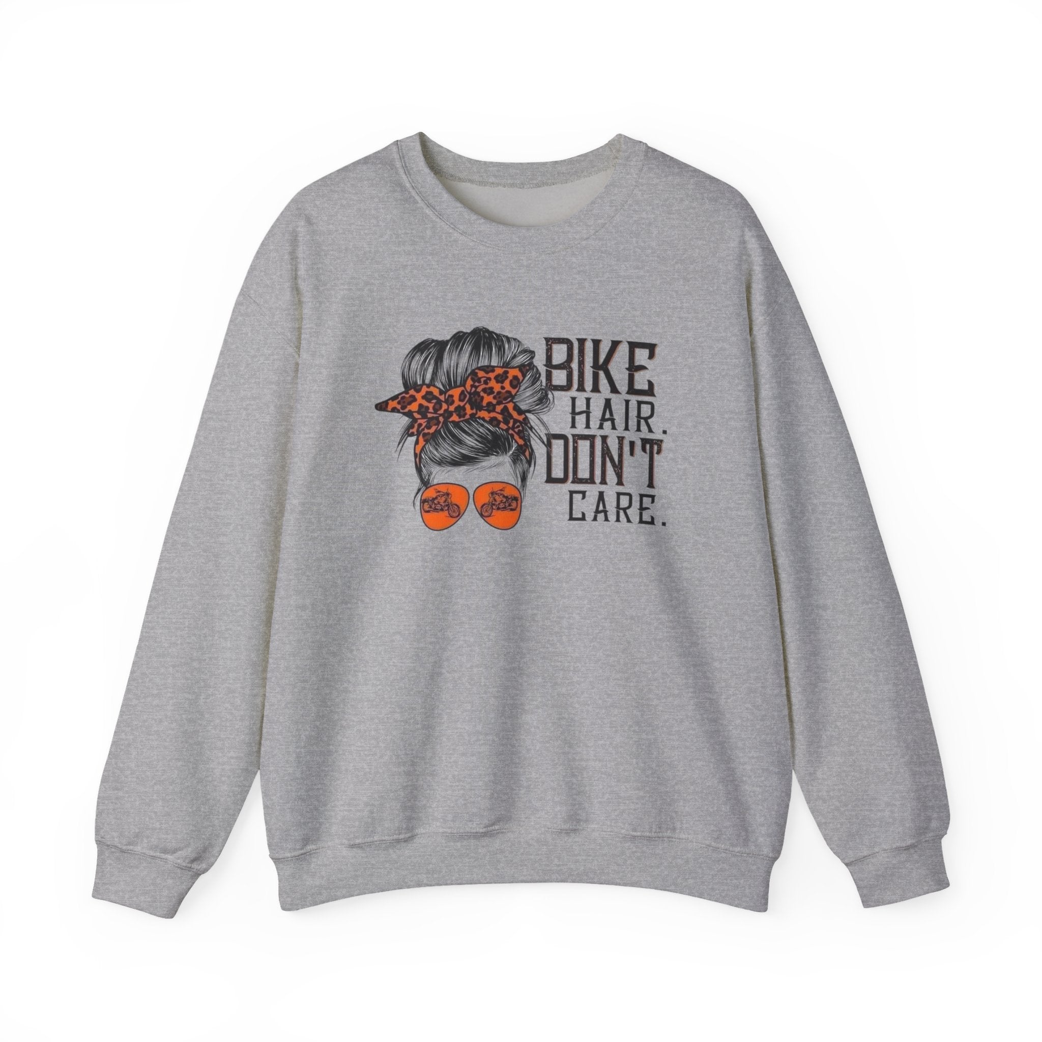 Crewneck Sweatshirt — “Bike Hair Don’t Care” Biker Messy Bun Graphic by Printify