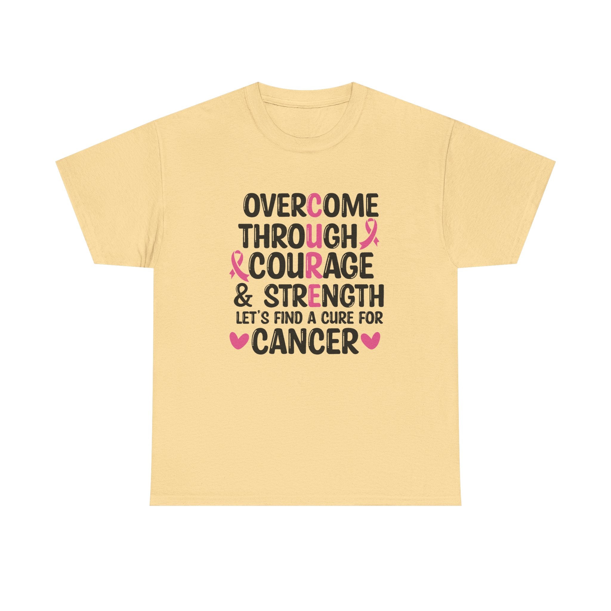 Breast Cancer Awareness Tee — "Overcome Through Courage & Strength" Motivational Shirt by Printify