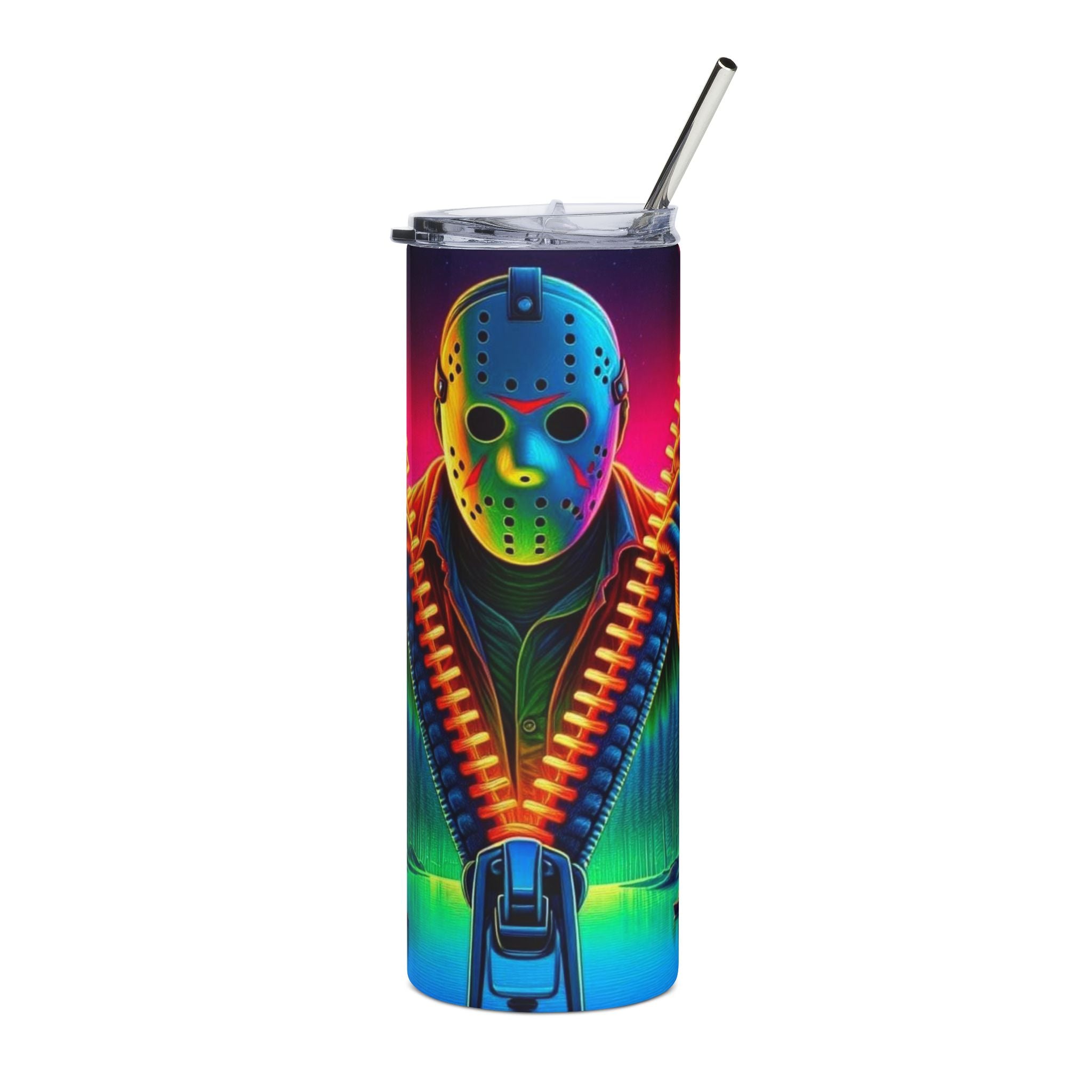 Horror Neon Jason Mask 20oz Stainless Steel Tumbler by Printify