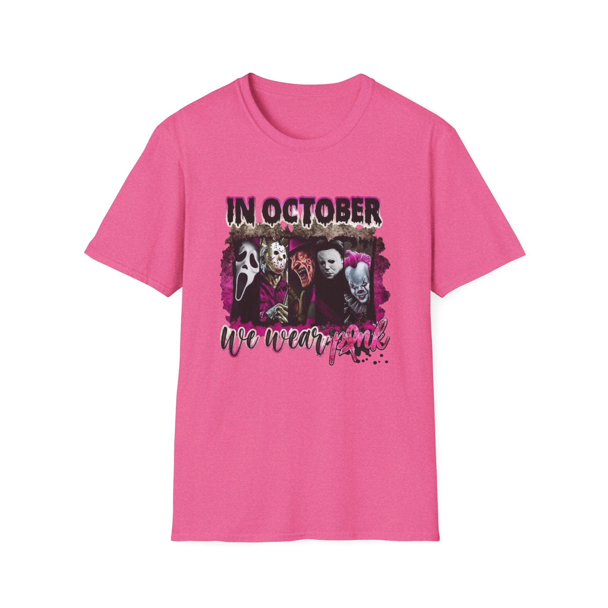 Horror Icons "In October We Wear Pink" T-Shirt by Printify