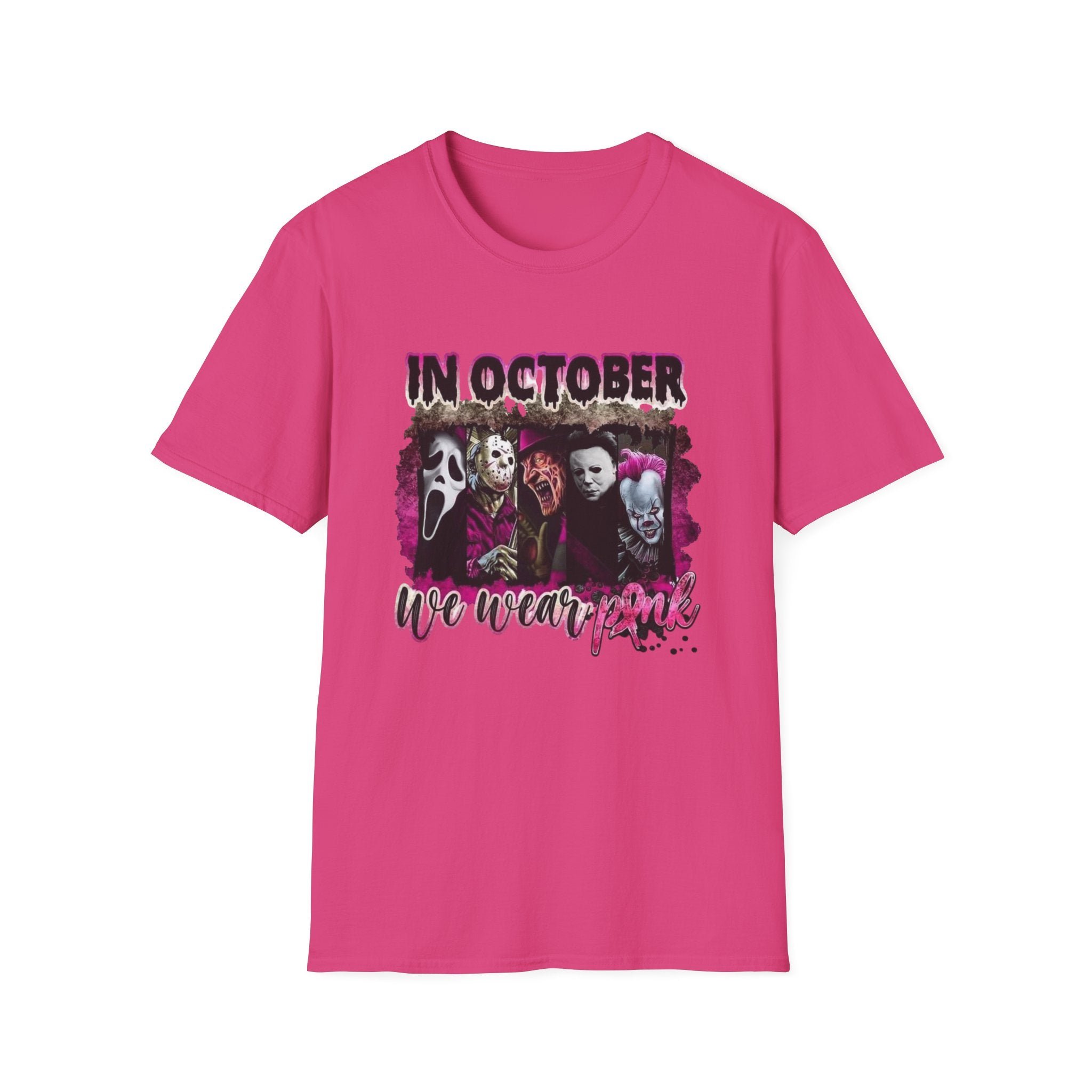Horror Icons "In October We Wear Pink" T-Shirt by Printify