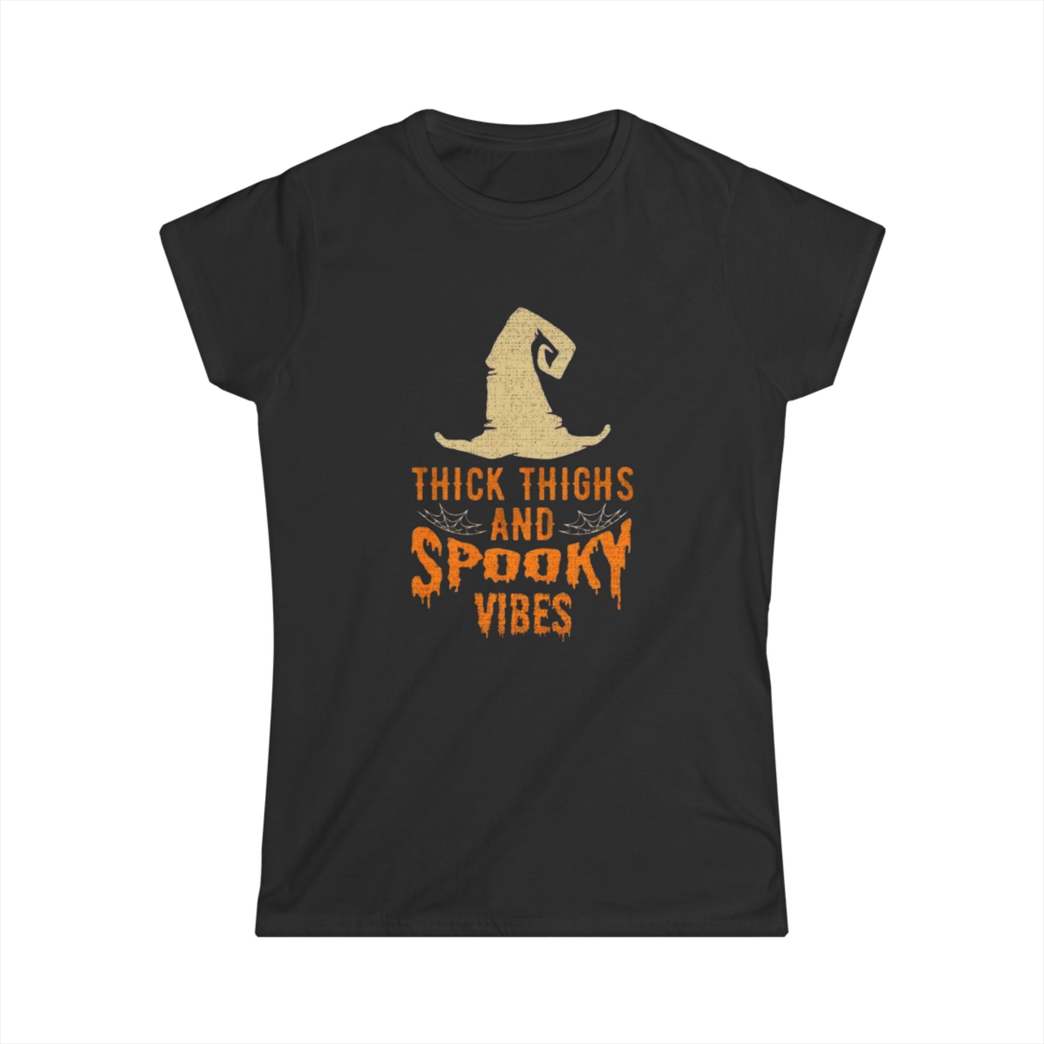 Women's Tee — "Thick Thighs and Spooky Vibes" Halloween Witch Shirt by Printify