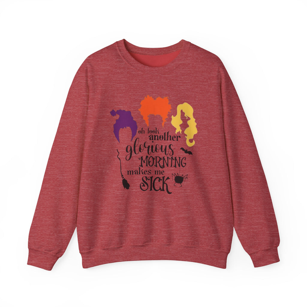 Crewneck Sweatshirt — “Another Glorious Morning Makes Me Sick” Hocus Pocus Witch Silhouette Pullover by Printify