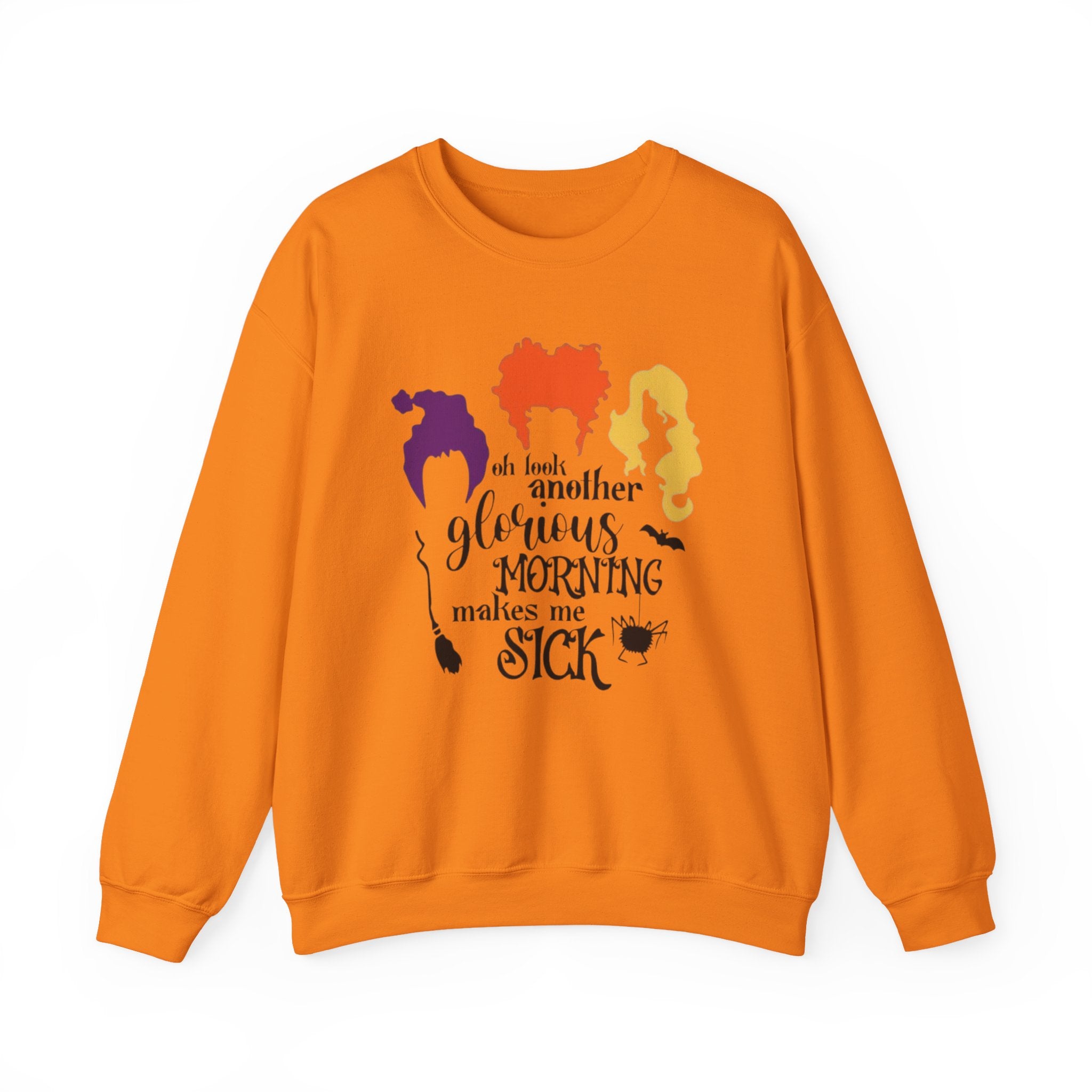 Crewneck Sweatshirt — “Another Glorious Morning Makes Me Sick” Hocus Pocus Witch Silhouette Pullover by Printify