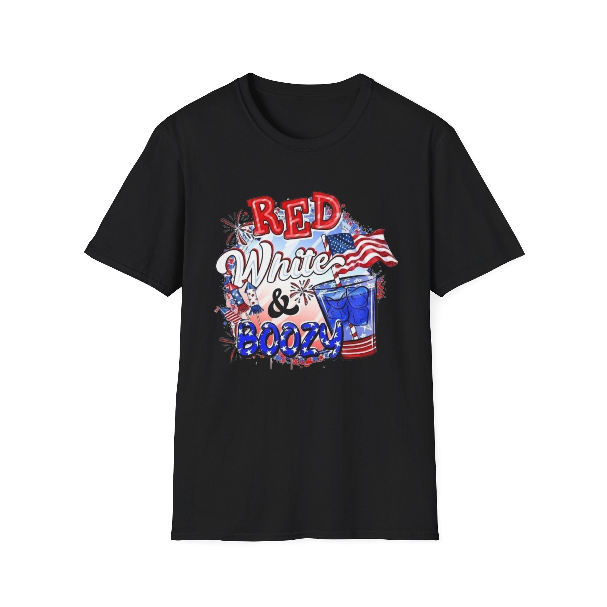 Red, White & Boozy Unisex Softstyle T-Shirt | Patriotic Tee, Independence Day Shirt, Summer Party Wear, BBQ Outfit, Casual Gift by Printify