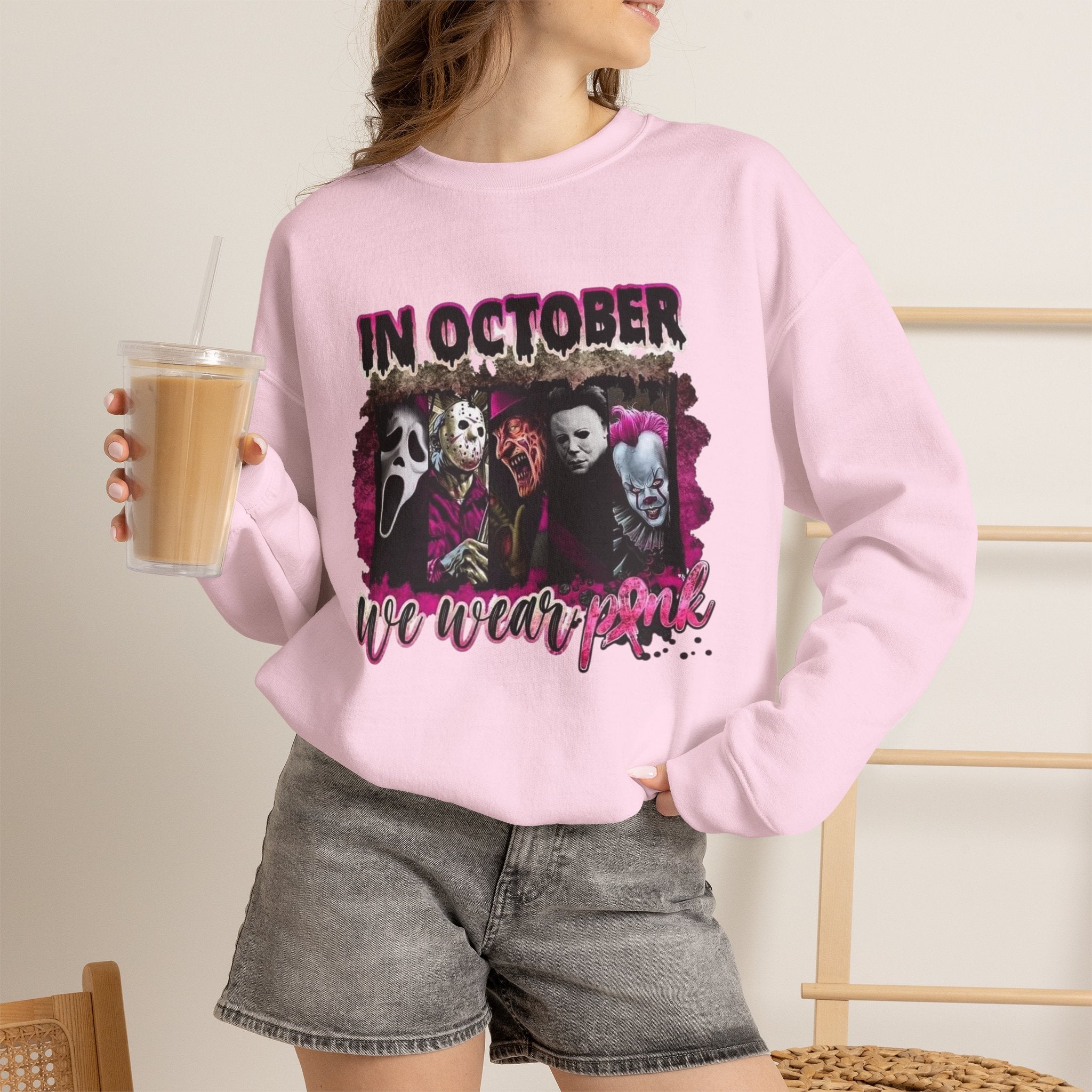 October Horror Crewneck Sweatshirt — "In October We Wear Pink" by Printify